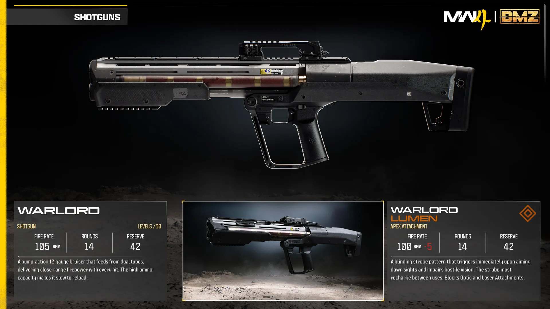 Warlord shotgun and Lumen Apex attachment comparison, featuring a blinding strobe that activates while aiming.