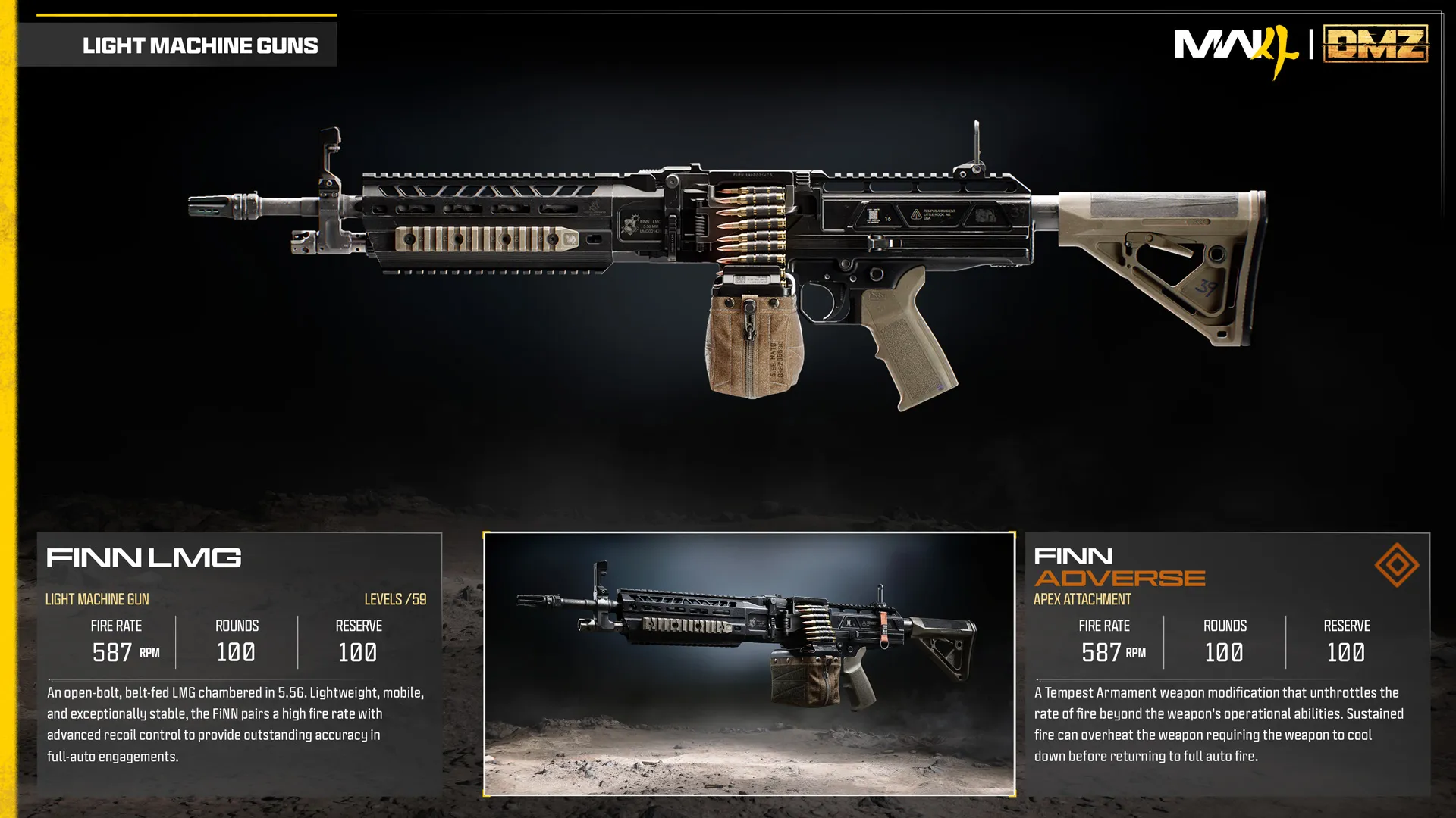 FiNN light machine gun and Adverse Apex attachment comparison, featuring increased sustained fire with overheating limitations.