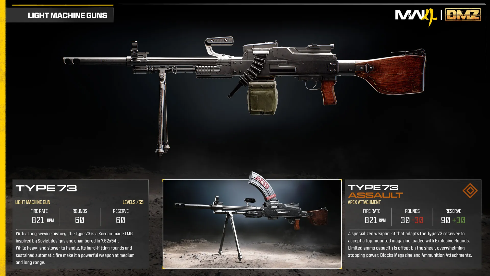 Type 73 light machine gun and Assault Apex attachment comparison, featuring a top-mounted magazine with explosive ammunition.