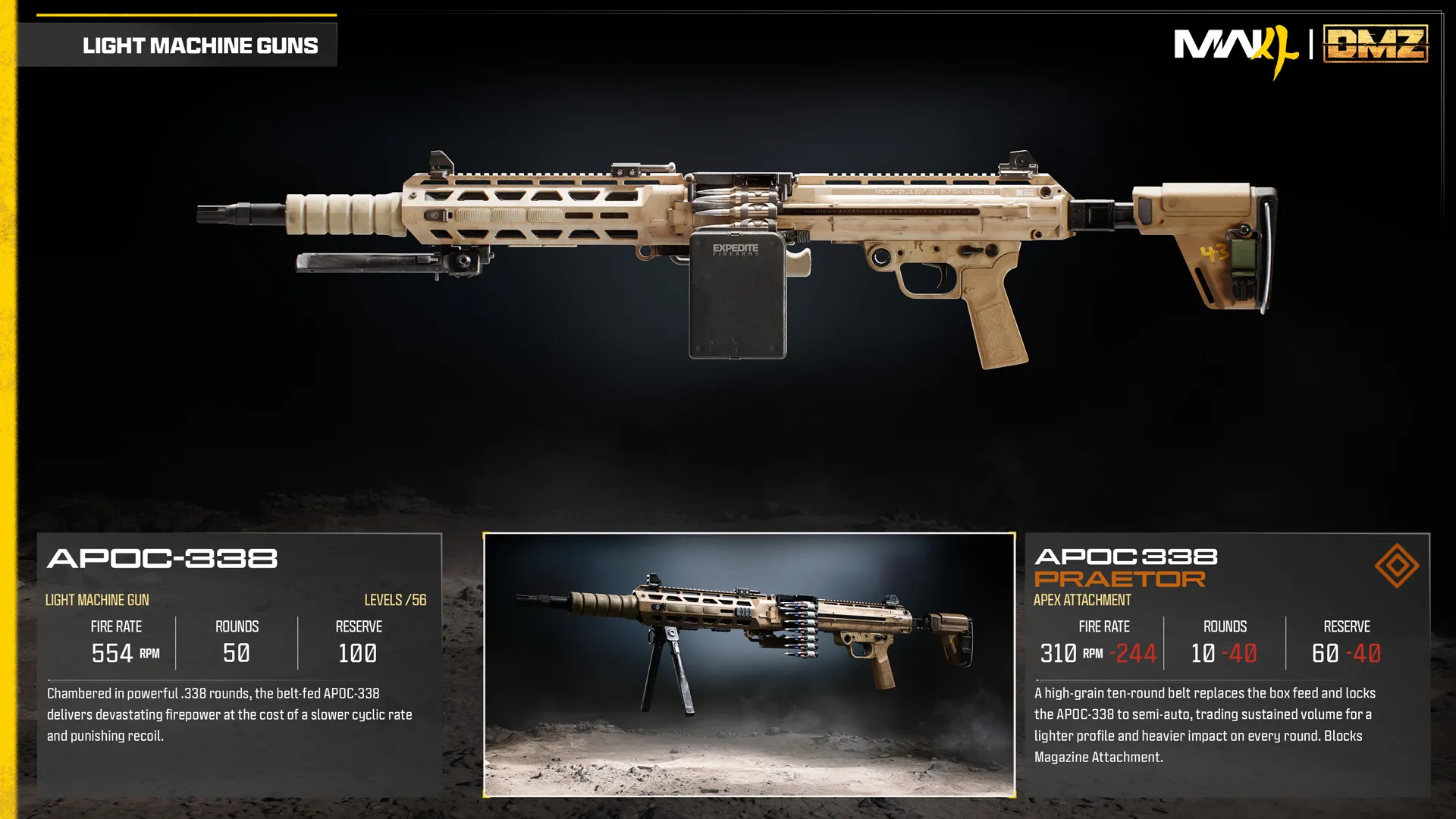 APOC-338 light machine gun and Praetor Apex attachment comparison, featuring a ten-round belt and semi-automatic conversion.