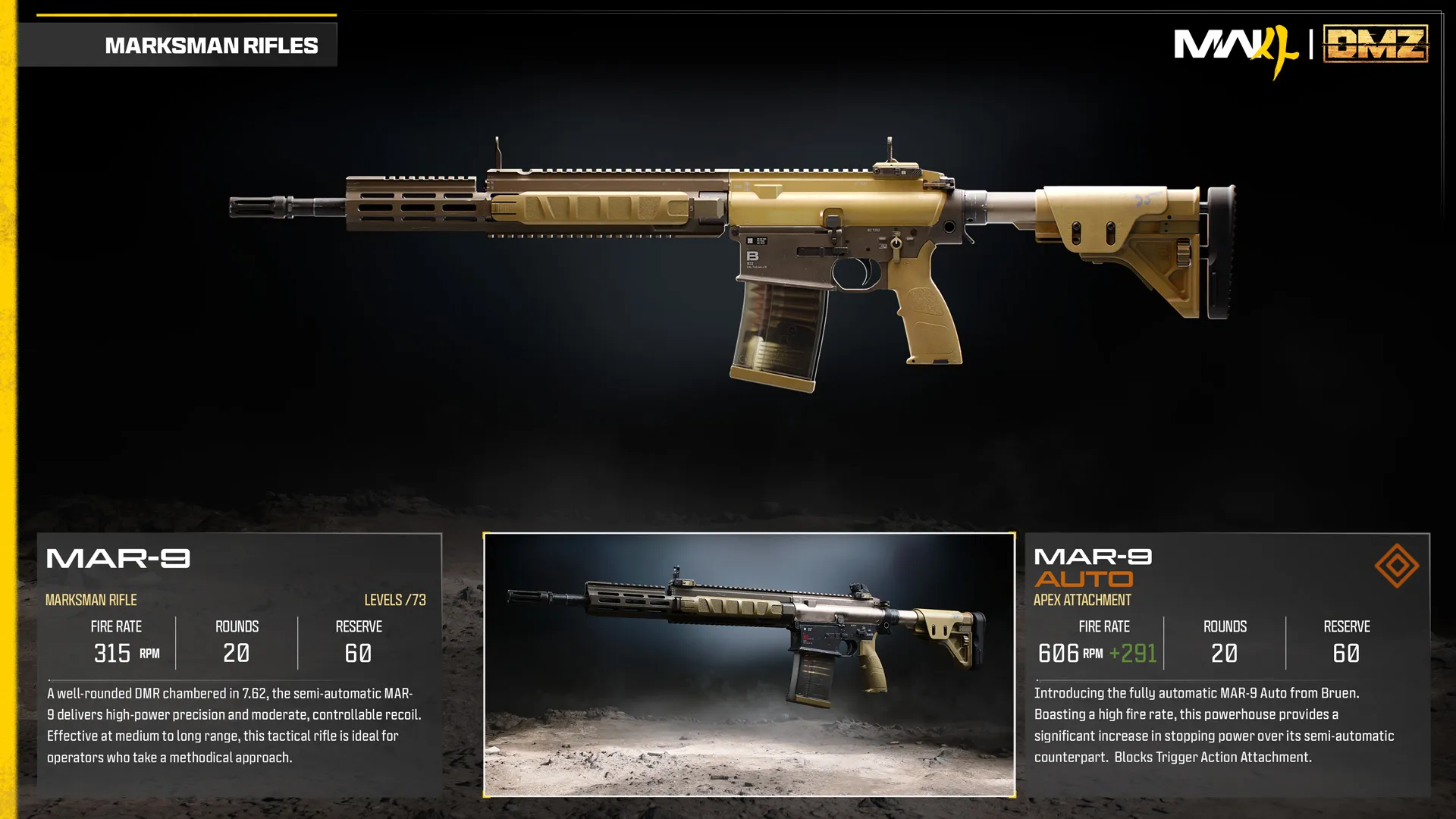MAR-9 marksman rifle and Auto Apex attachment comparison, showing increased fire rate through fully automatic conversion.