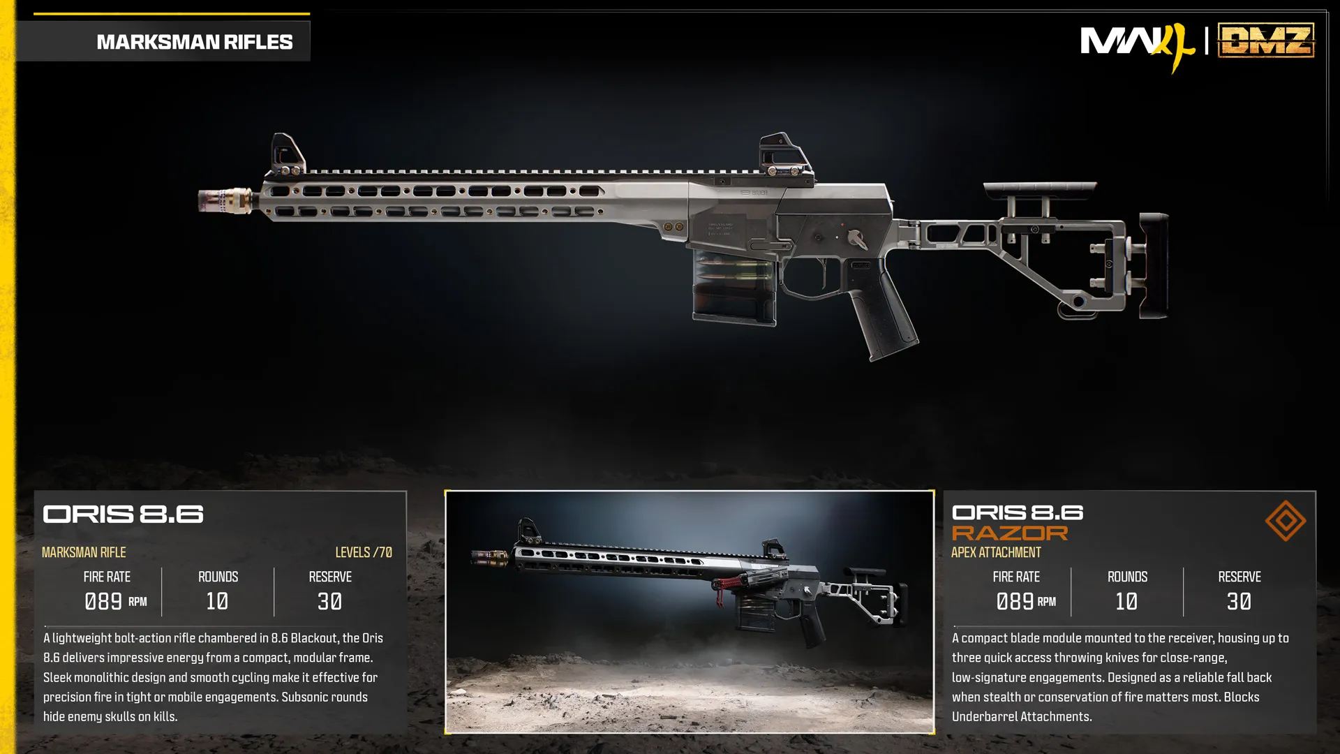 Oris 8.6 marksman rifle and Razor Apex attachment comparison, featuring a receiver-mounted throwing knife module.