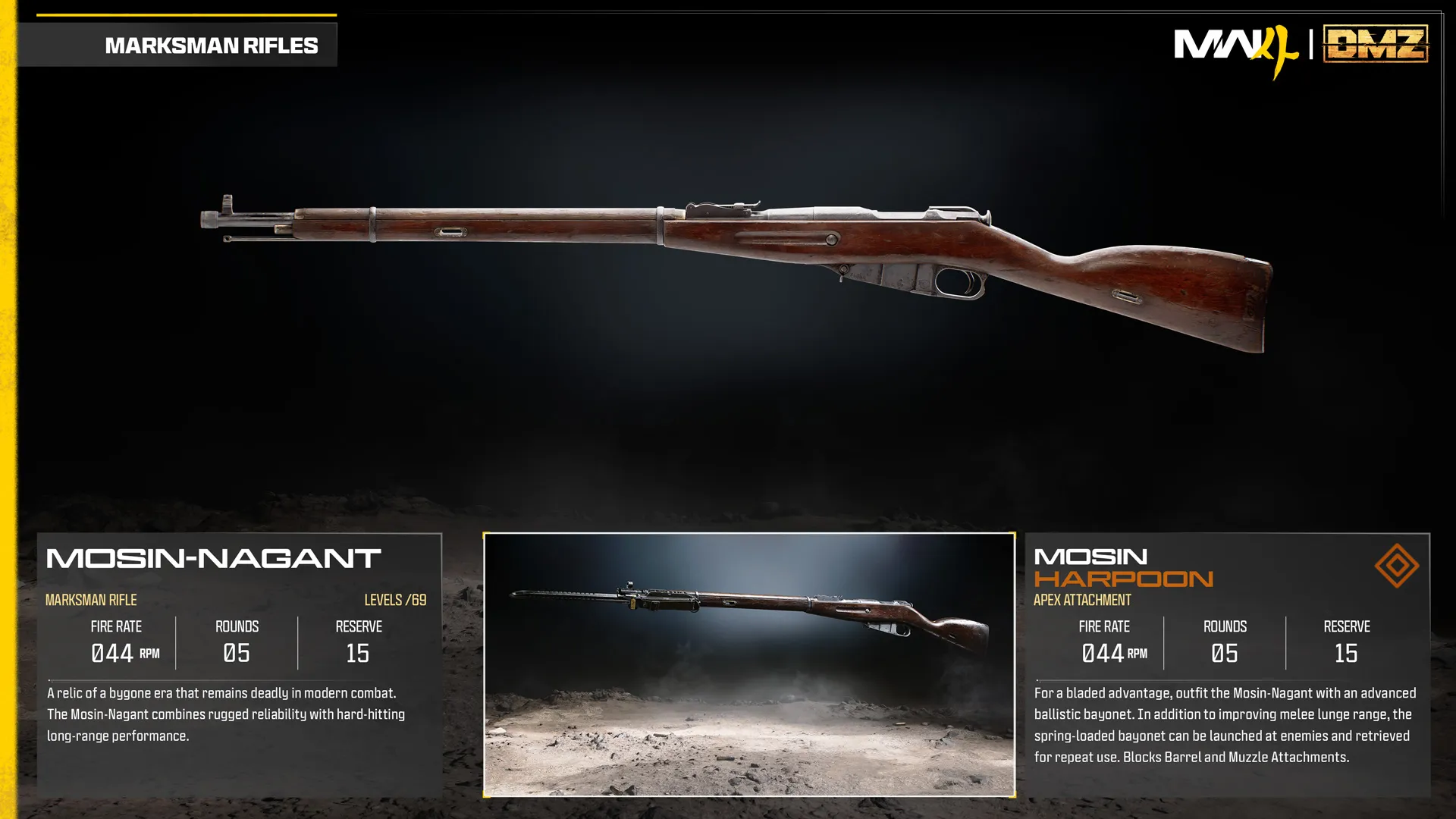 Mosin-Nagant marksman rifle and Harpoon Apex attachment comparison, featuring a spring-loaded ballistic bayonet.