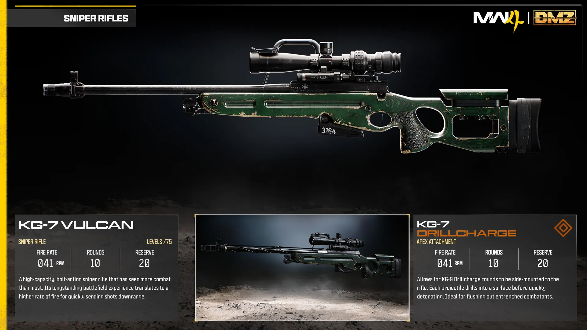KG-7 Vulcan sniper rifle and Drillcharge Apex attachment comparison, featuring explosive rounds that penetrate surfaces.