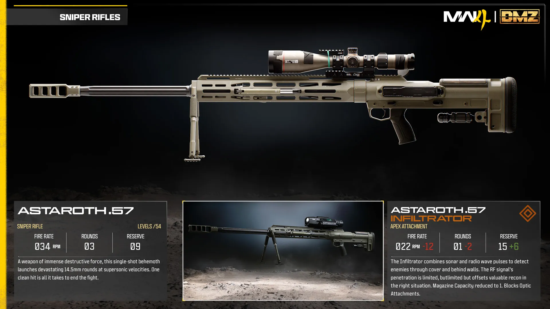 Astaroth .57 sniper rifle and Infiltrator Apex attachment comparison, featuring enemy detection through cover using radio waves.