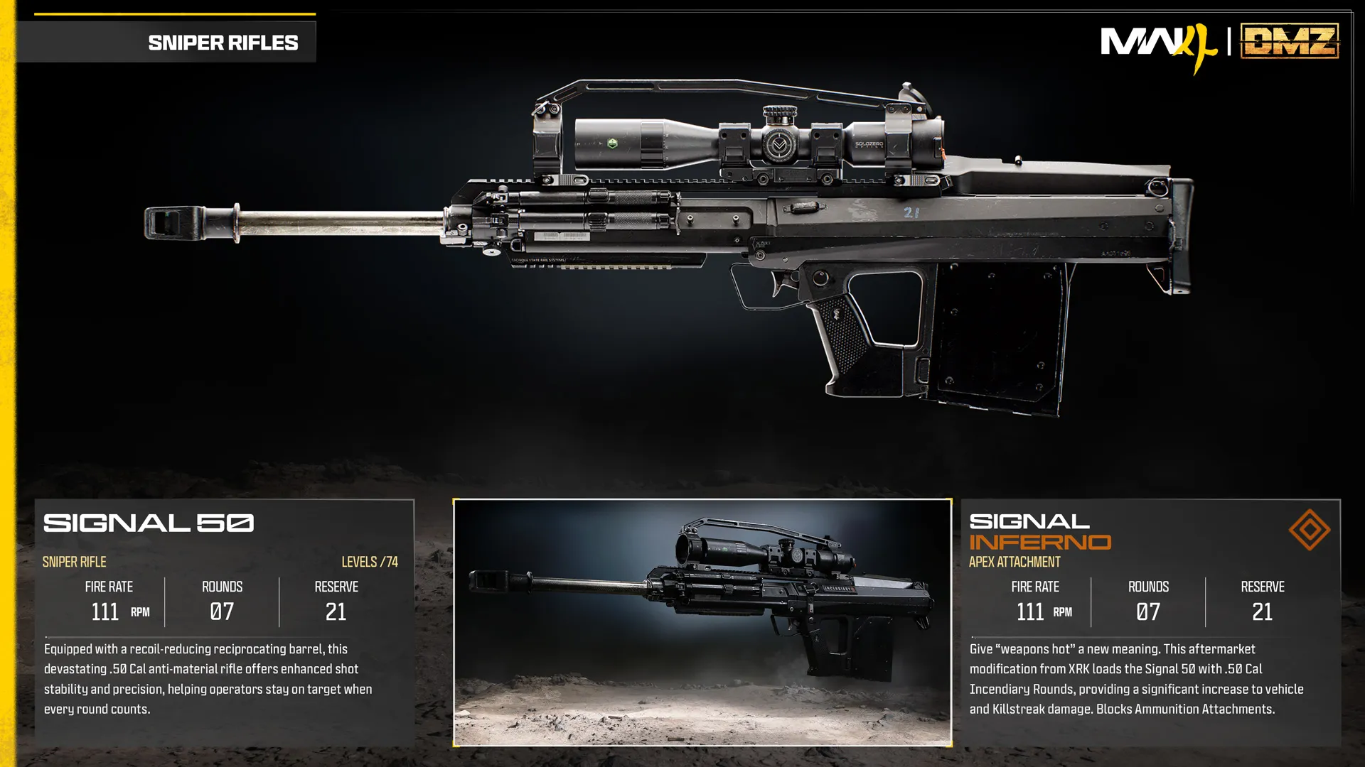 Signal 50 sniper rifle and Inferno Apex attachment comparison, highlighting incendiary ammunition and increased vehicle damage.