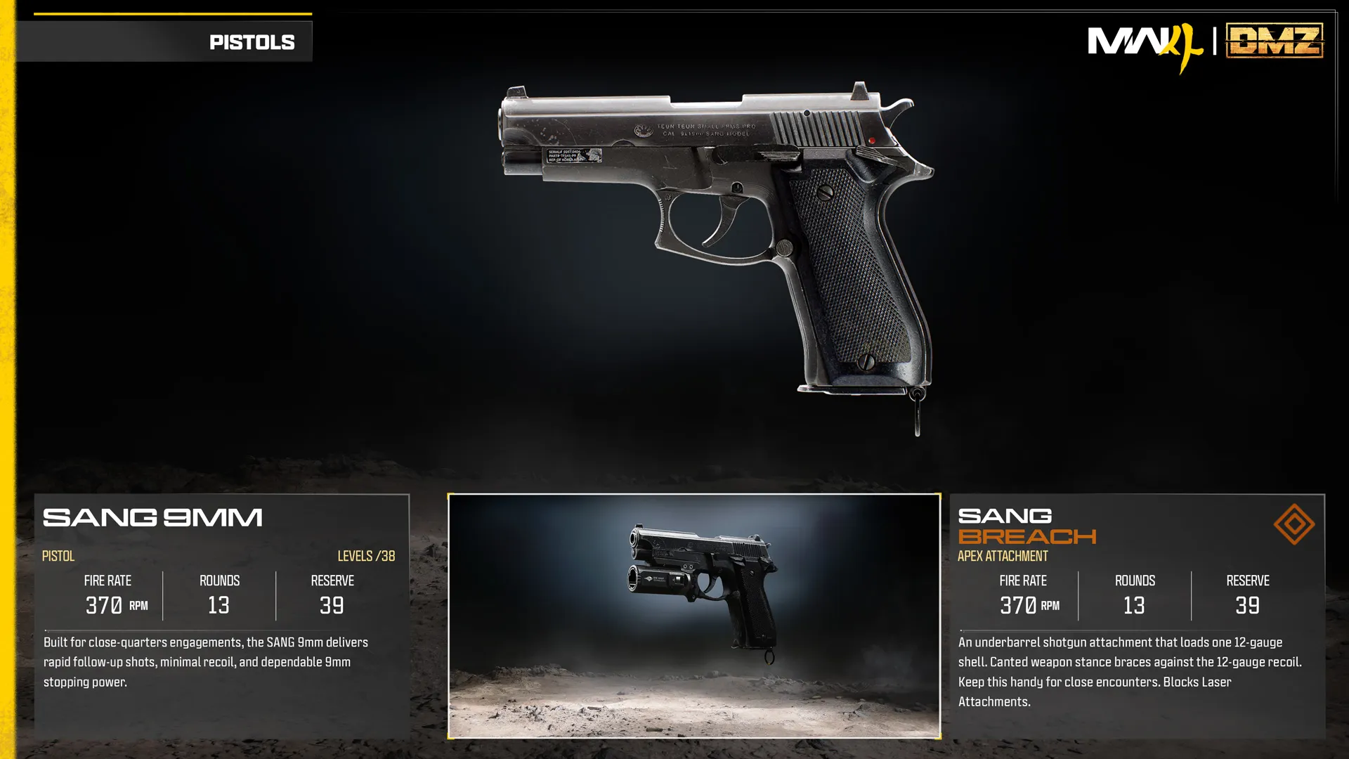 SANG 9mm pistol and Breach Apex attachment comparison, featuring an underbarrel shotgun for close-range combat.