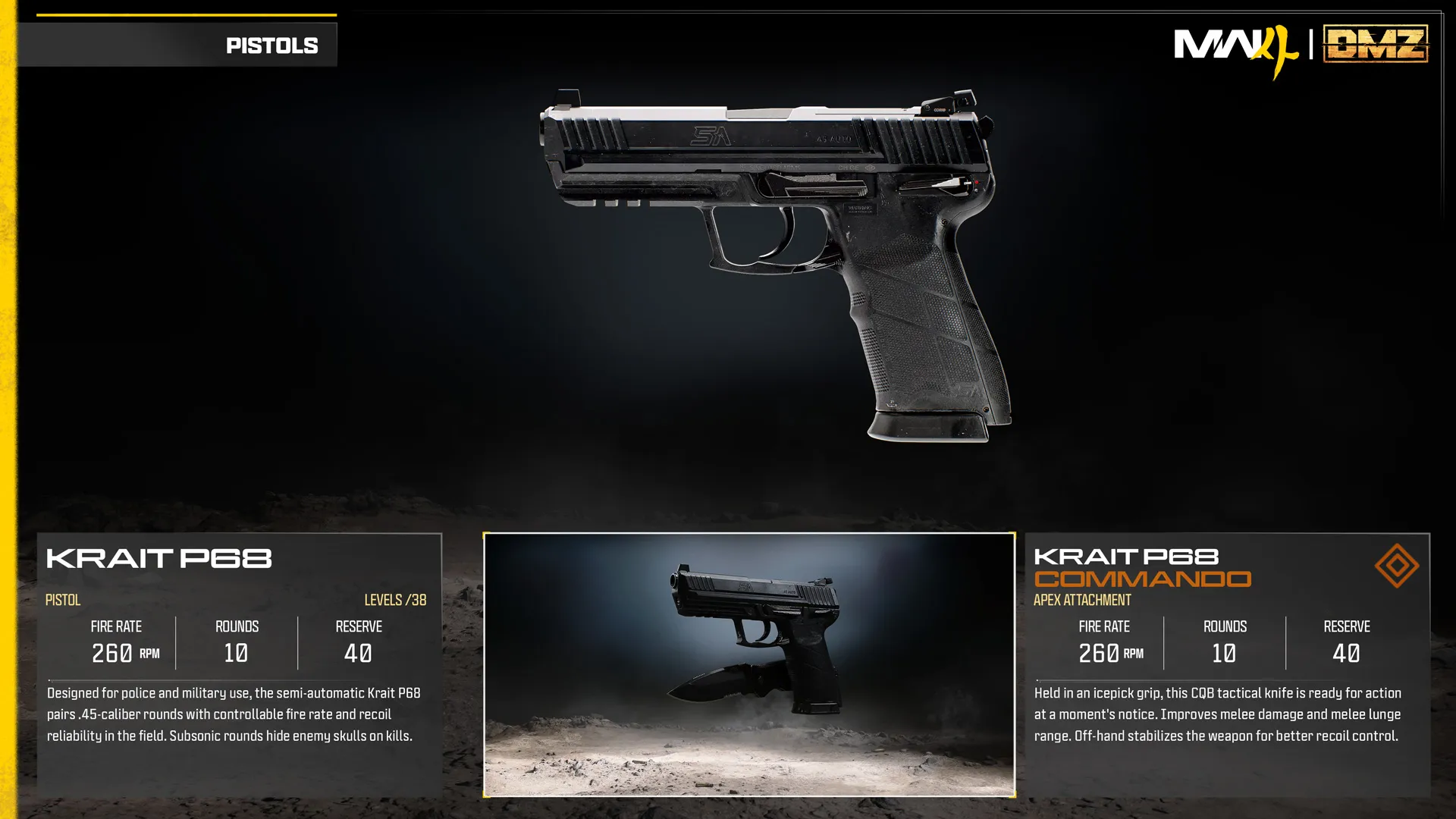Krait P68 pistol and Commando Apex attachment comparison, featuring an integrated tactical knife and weapon statistics.