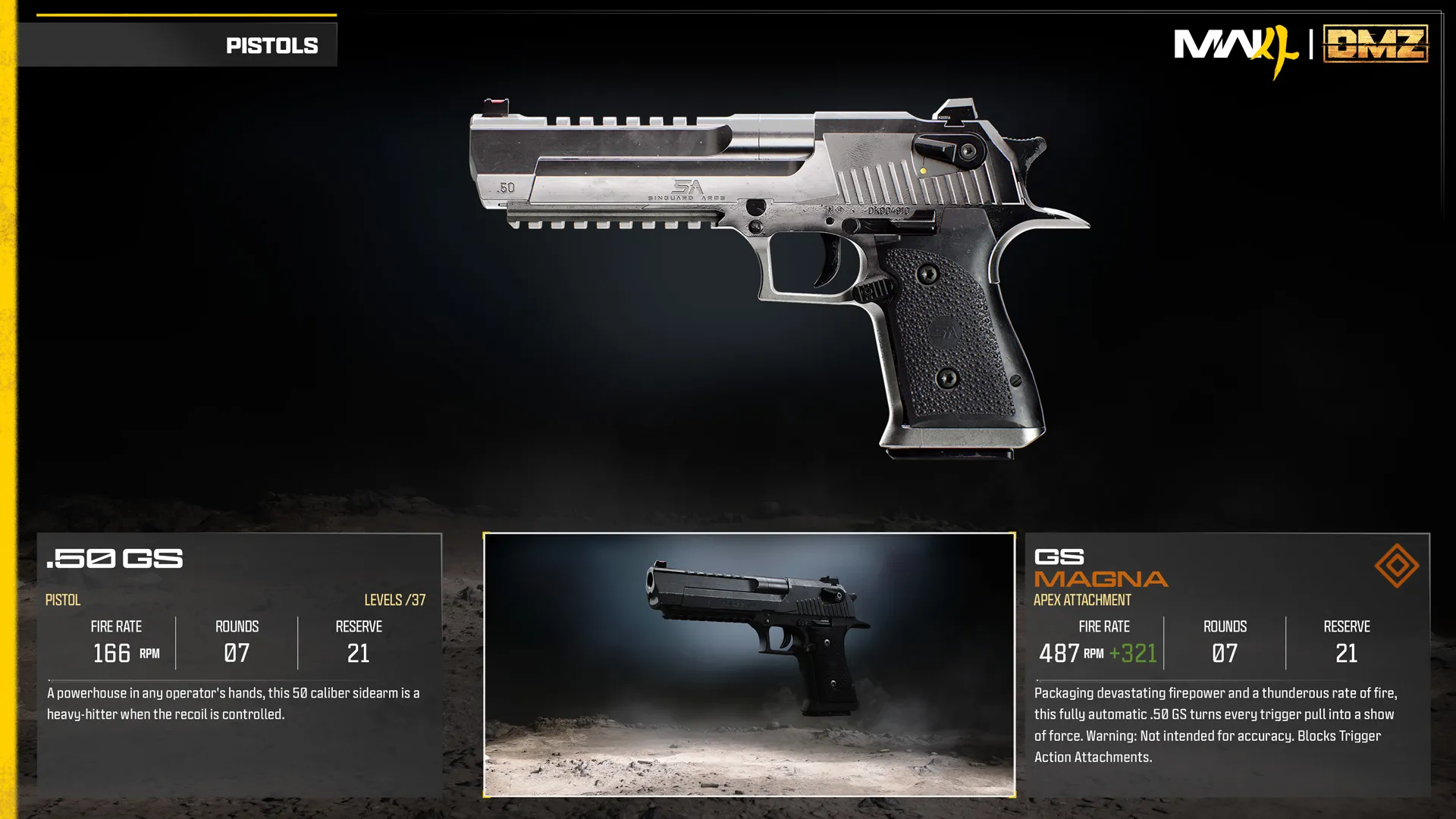.50 GS pistol and Magna Apex attachment comparison, showing increased fire rate from fully automatic fire.