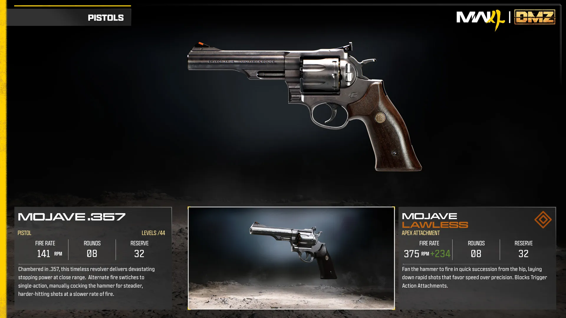 Mojave .357 revolver and Lawless Apex attachment comparison, showing increased fire rate and weapon statistics.