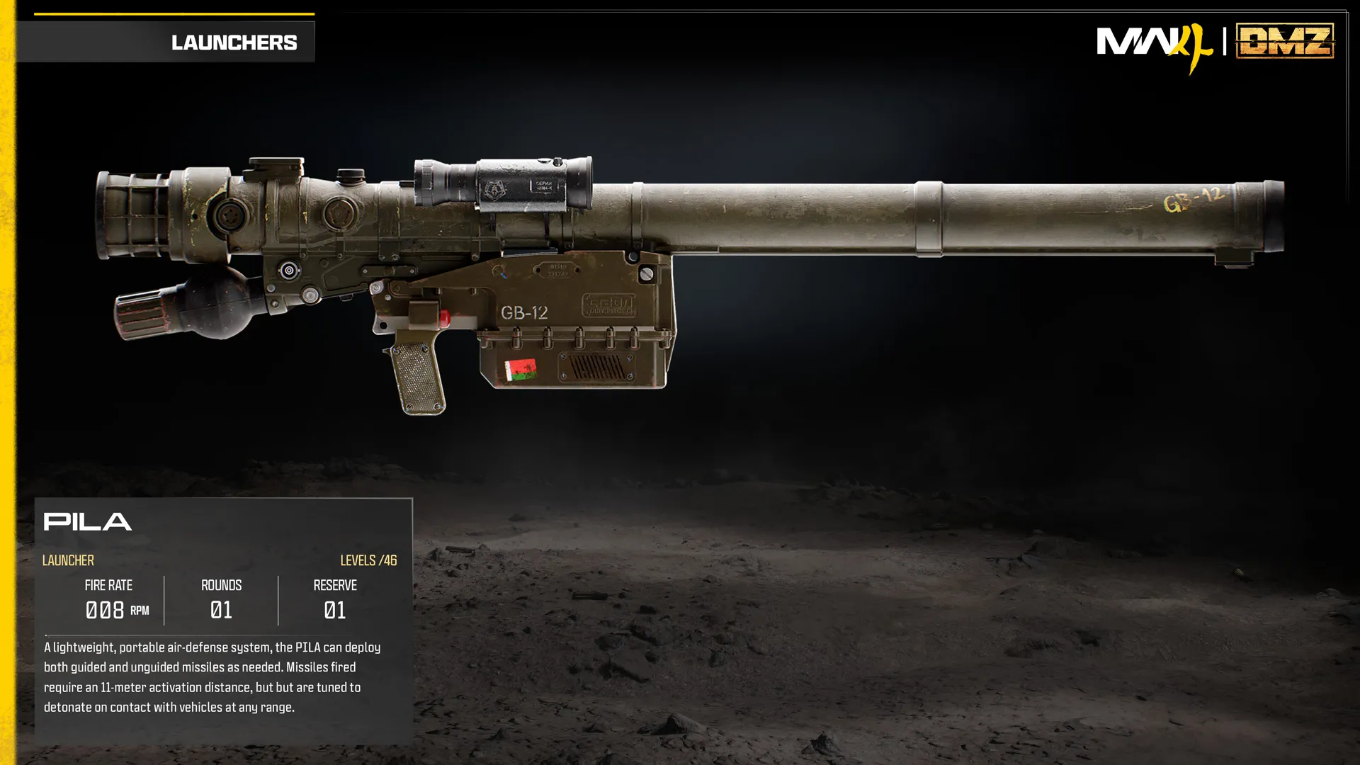 PILA missile launcher displayed with weapon statistics and a description of its guided and unguided firing modes.
