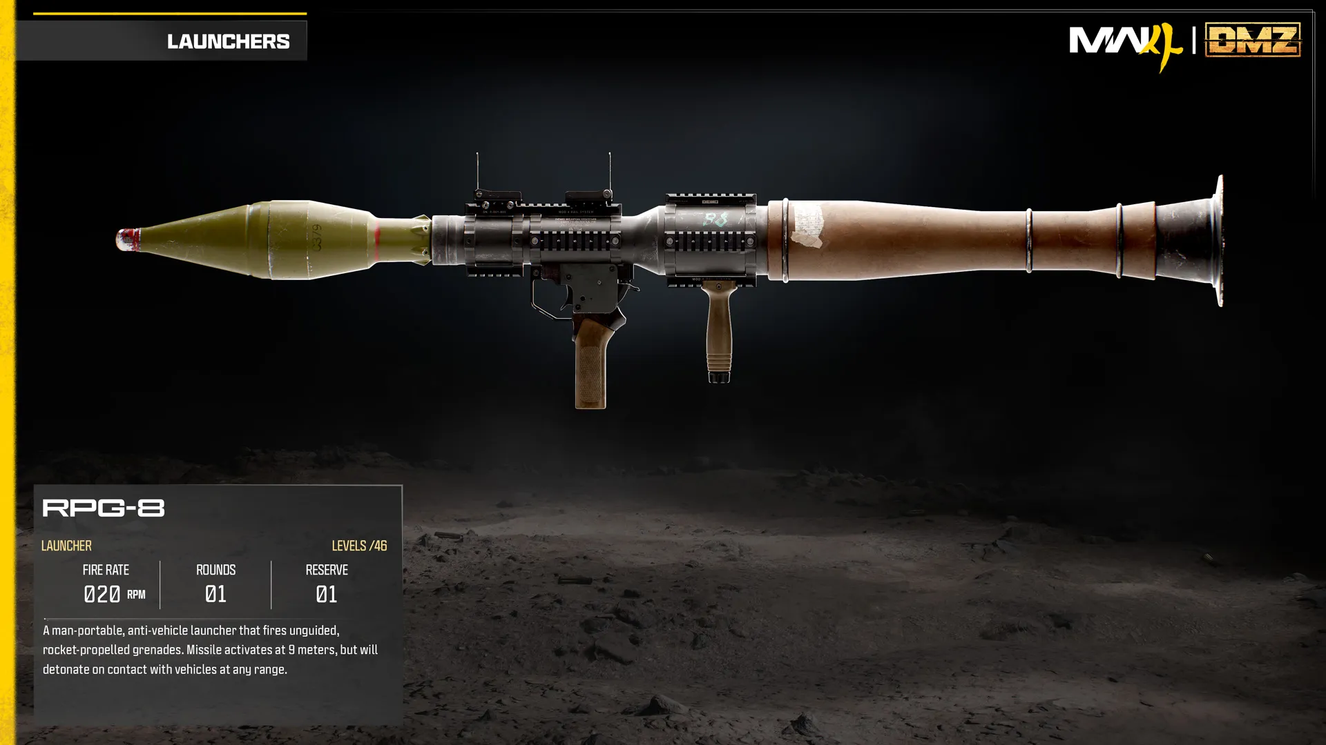 RPG-8 rocket launcher displayed with its ammunition statistics and anti-vehicle weapon description.
