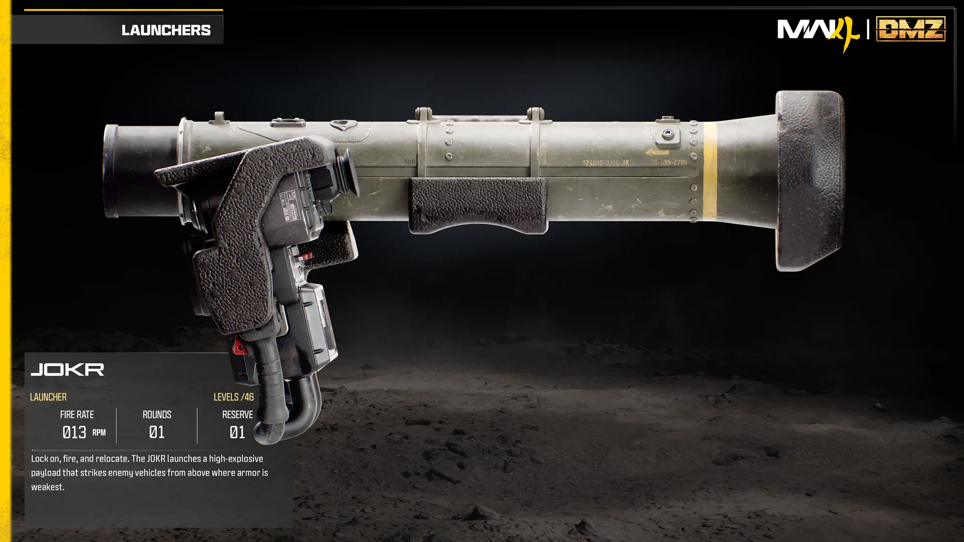 JOKR guided missile launcher displayed against a dark background with weapon statistics and a description.