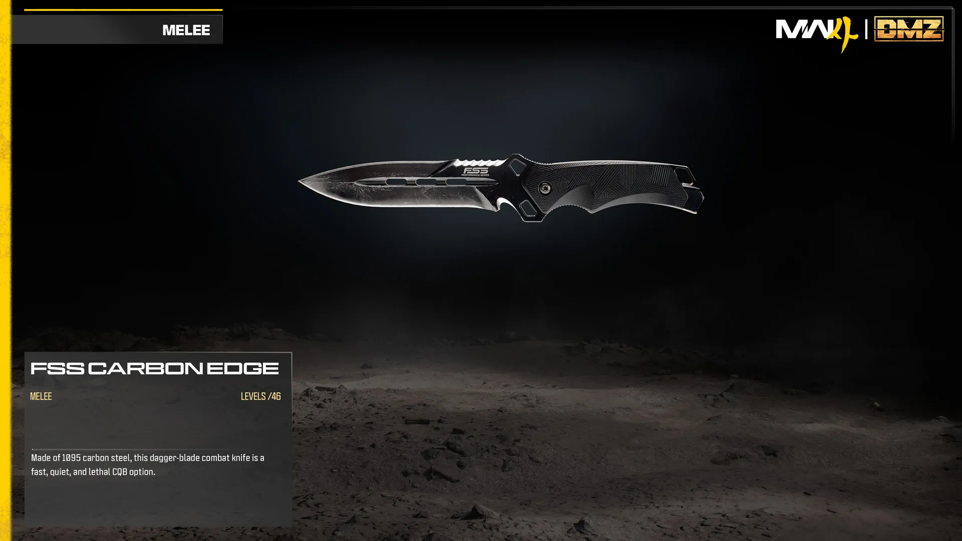 FSS Carbon Edge combat knife displayed against a dark background with its weapon description.