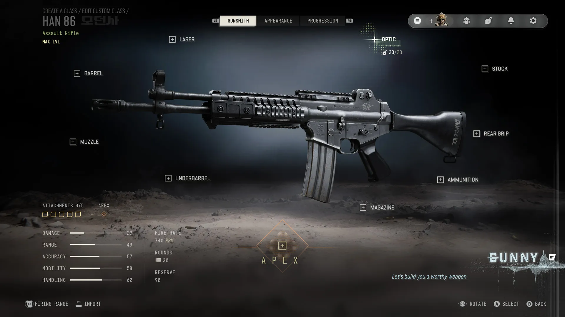 Gunsmith customization screen showing the HAN 86 assault rifle, attachment slots, weapon statistics, and Apex option.