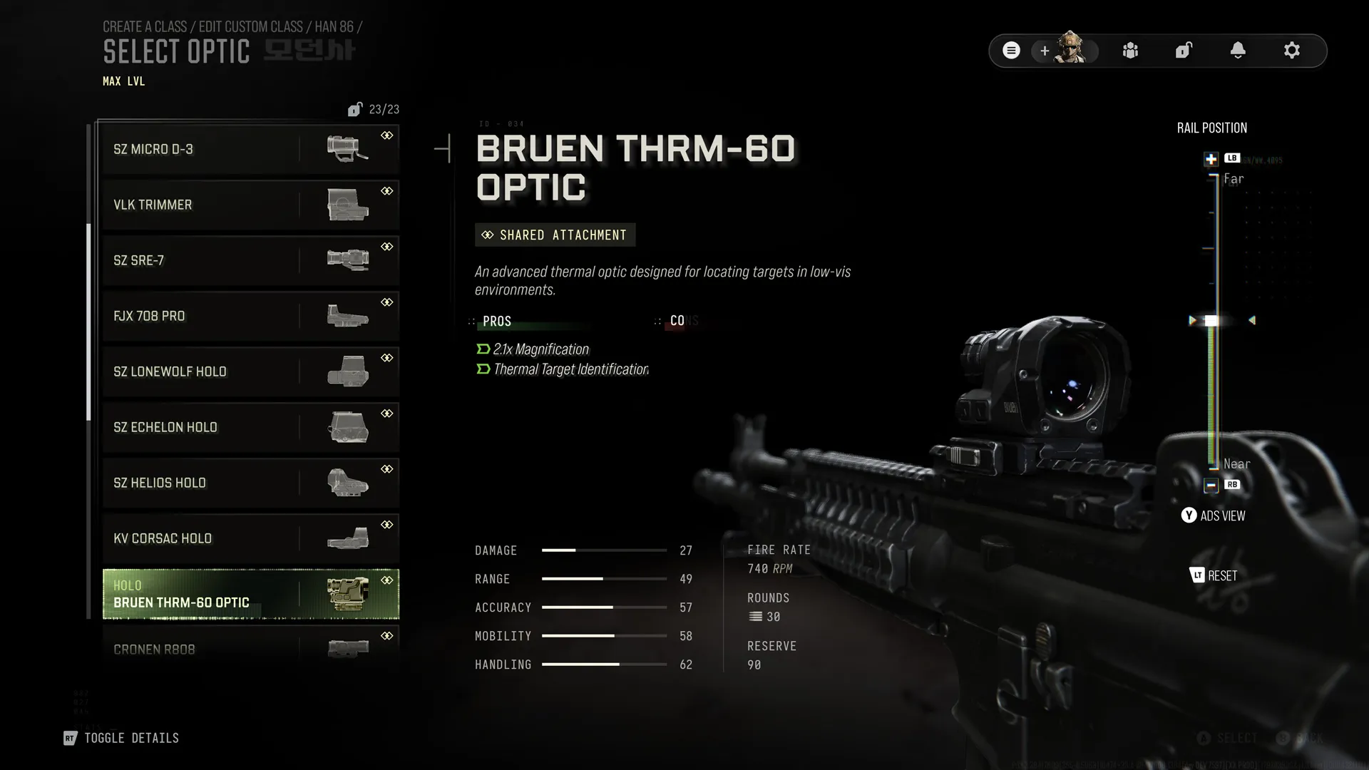 Gunsmith menu displaying the Bruen THRM-60 thermal optic, its 2.1x magnification, and thermal target identification.