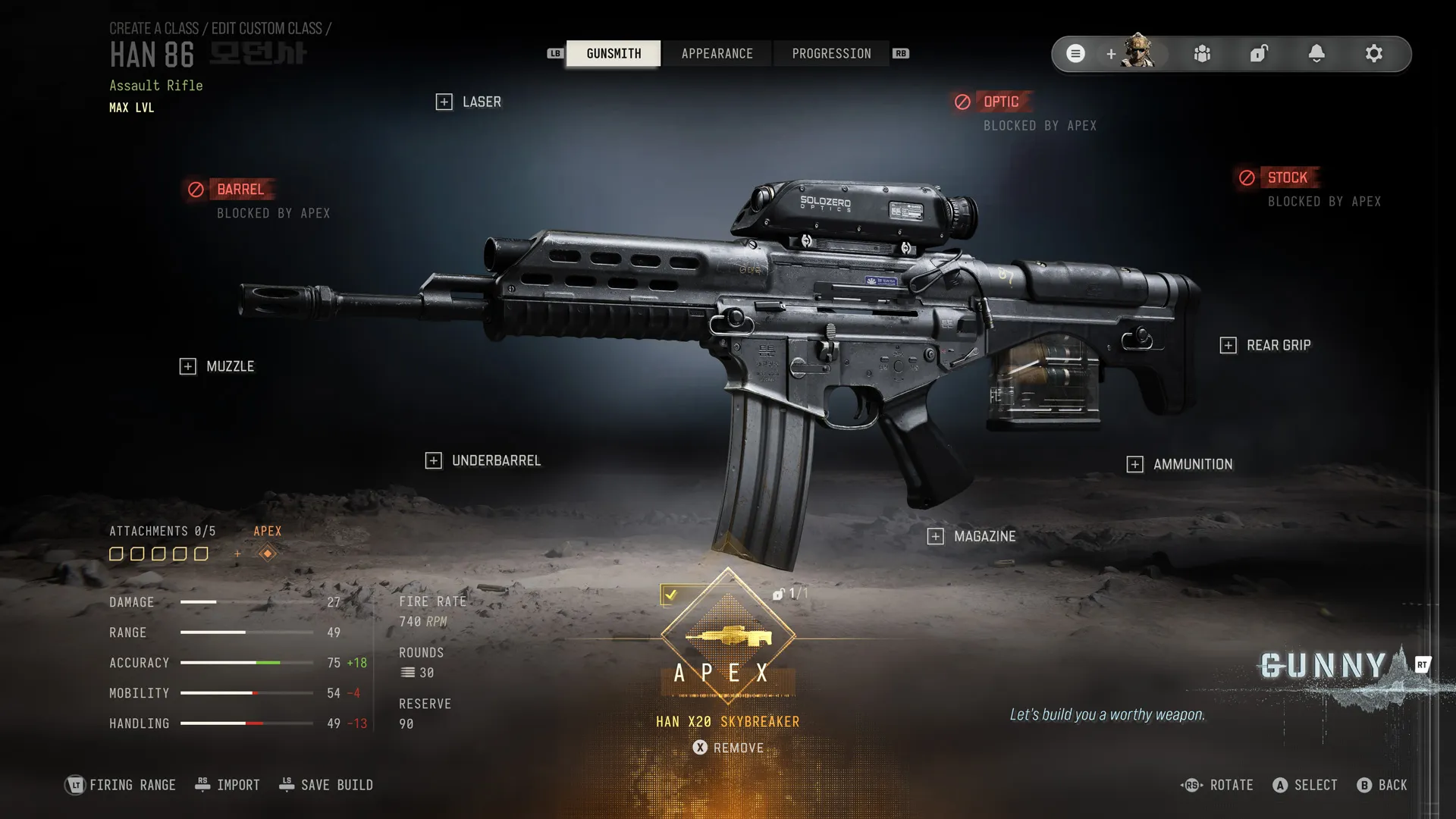 Gunsmith screen showing the HAN 86 equipped with the HAN X20 Skybreaker Apex attachment and blocked customization slots.