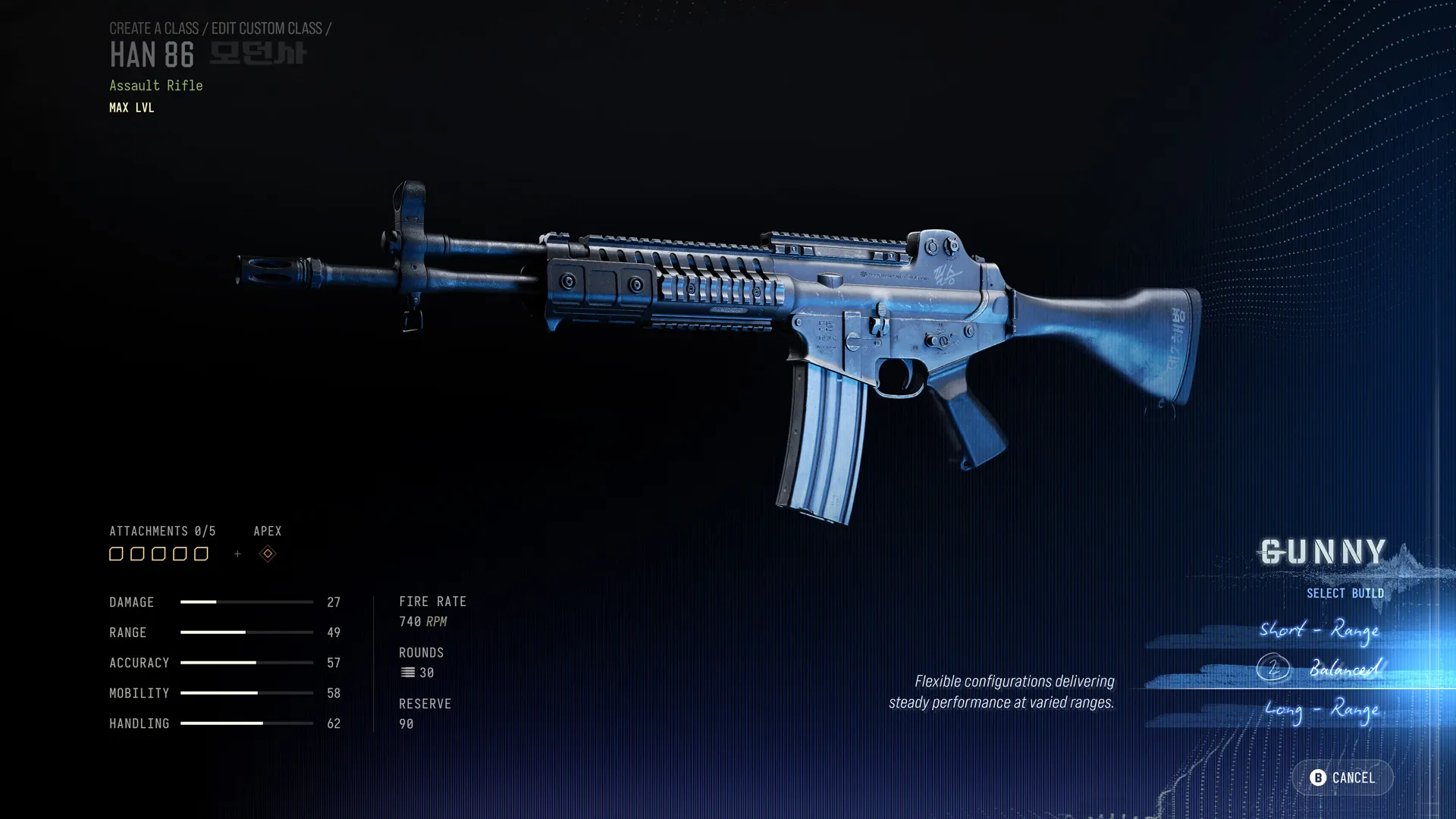 HAN 86 assault rifle shown in the Balanced build selection menu with no attachments equipped.