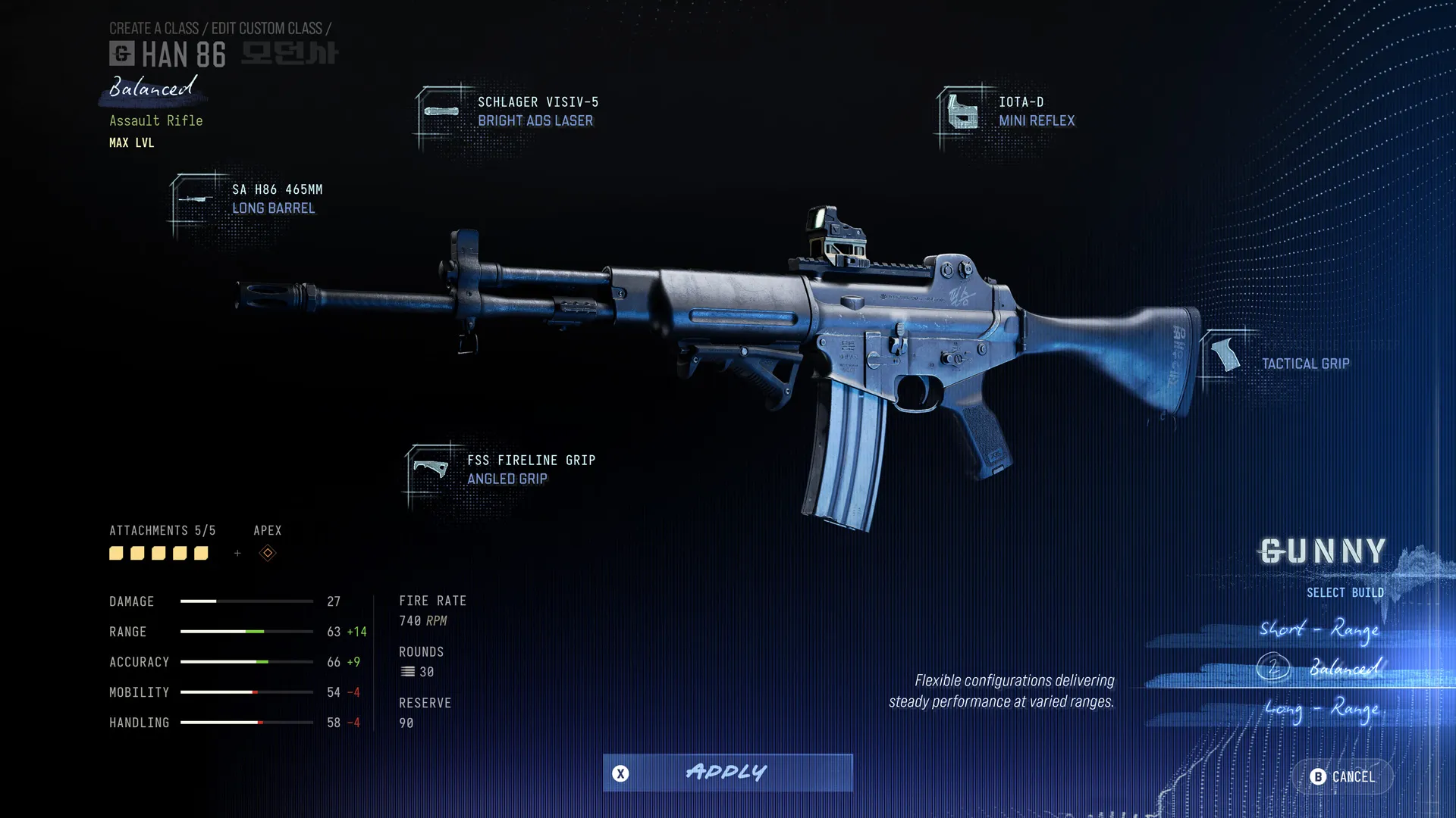 HAN 86 assault rifle with a Balanced build, showing five equipped attachments and updated weapon statistics.
