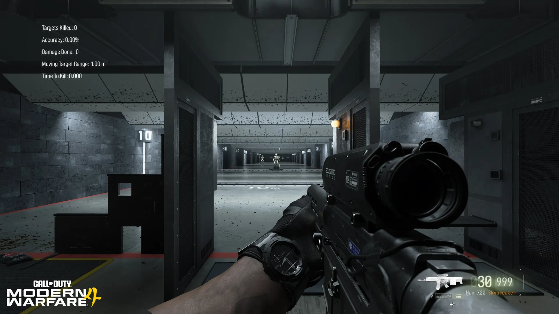 First-person view of a scoped assault rifle aimed down an indoor firing range, with accuracy and target statistics displayed.