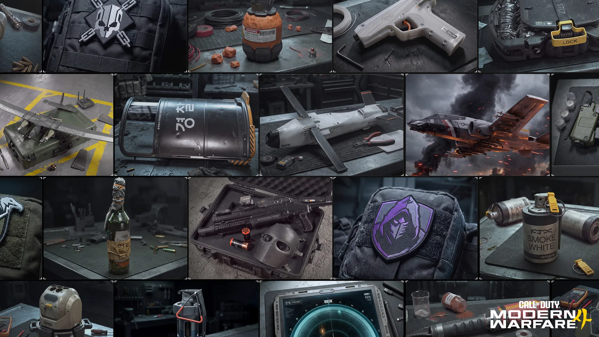 Modern Warfare 4 collage featuring equipment, weapons, Perk emblems, and a fighter jet, with the game logo.