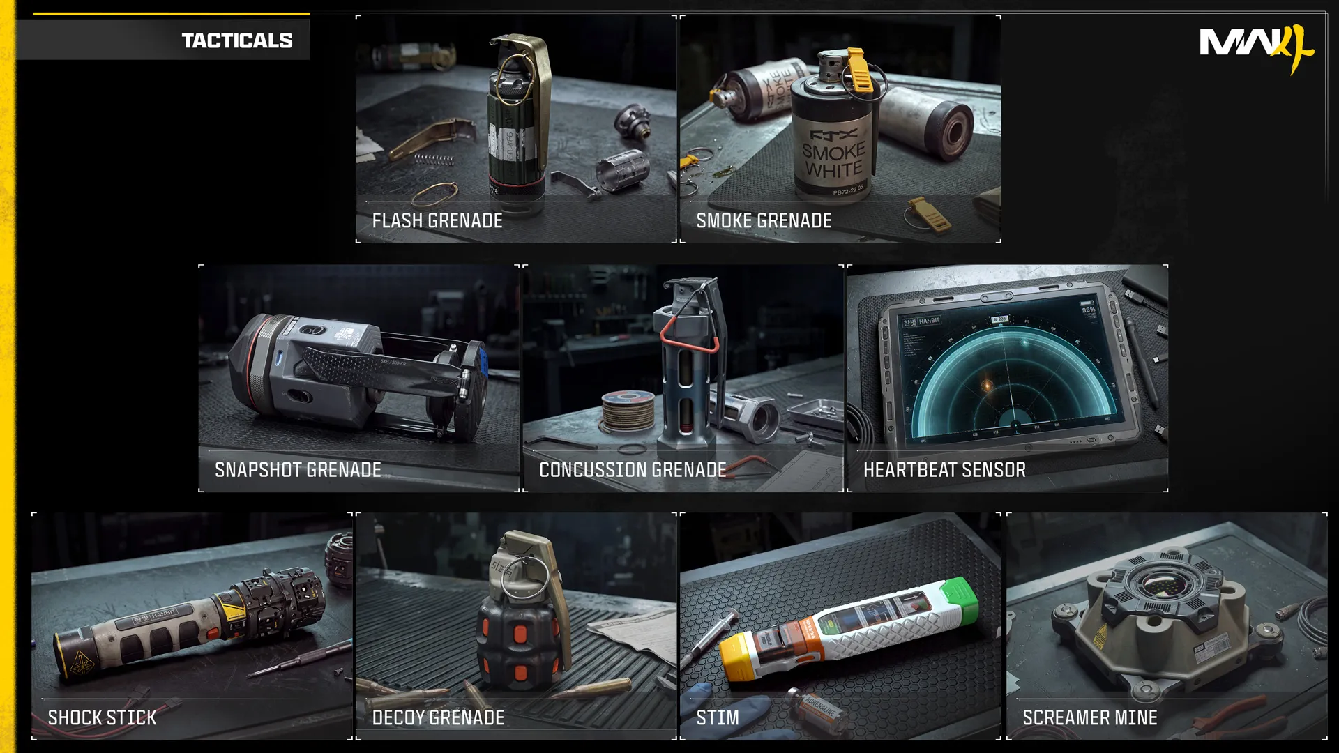 Modern Warfare 4 chart displaying nine Tactical equipment options, including Flash Grenade, Heartbeat Sensor, and Stim.