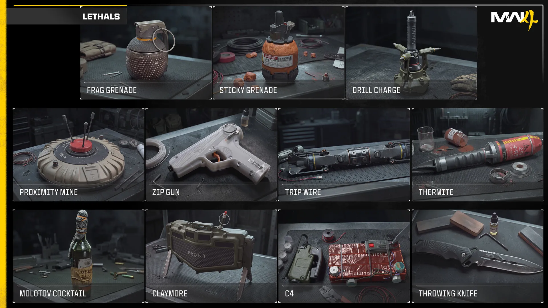 Modern Warfare 4 chart displaying 11 Lethal equipment options, including Frag Grenade, Proximity Mine, C4, and Throwing Knife.