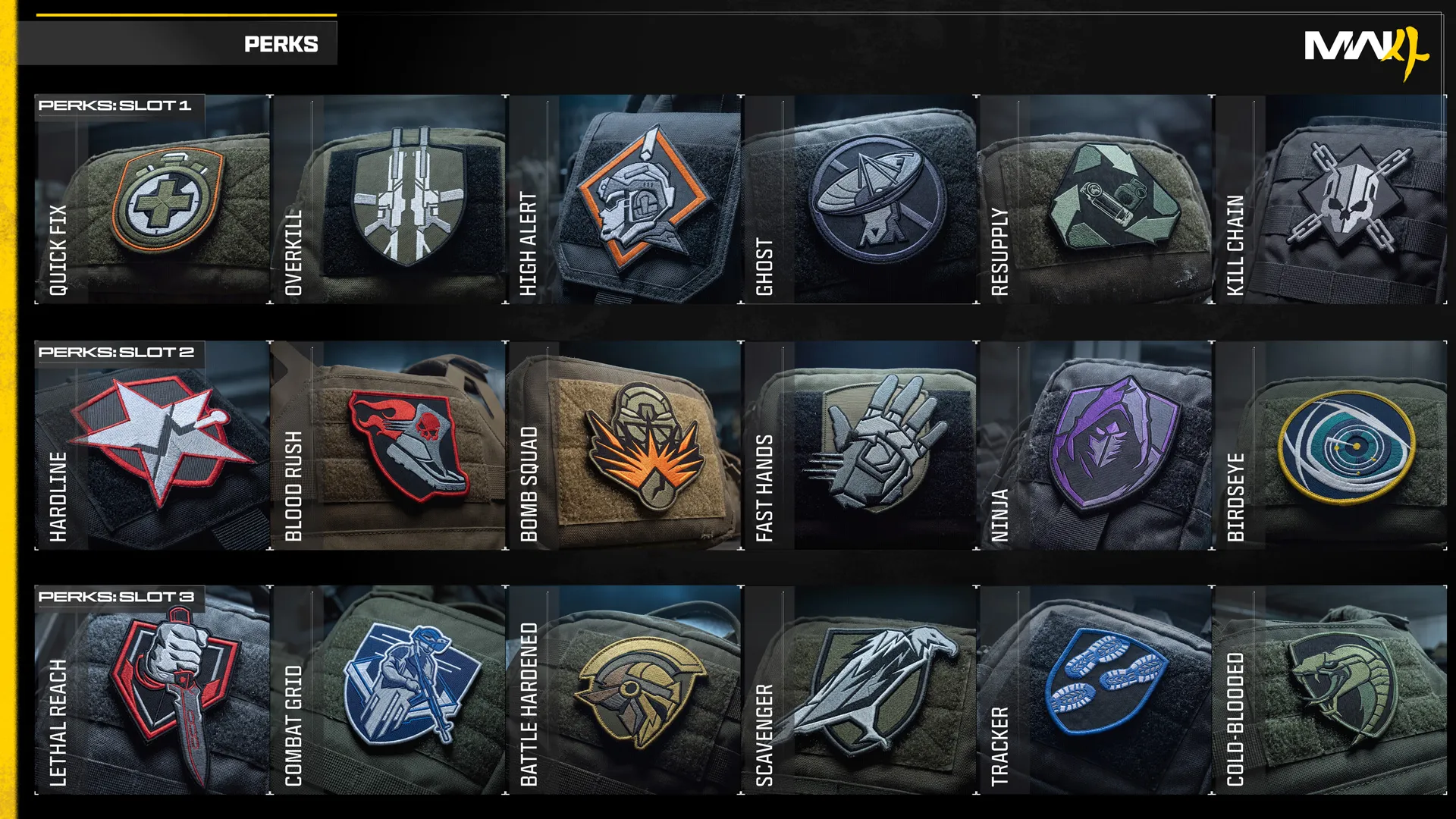 Modern Warfare 4 chart displaying 18 Multiplayer Perks organized into three slots, including Quick Fix, Ninja, and Tracker.
