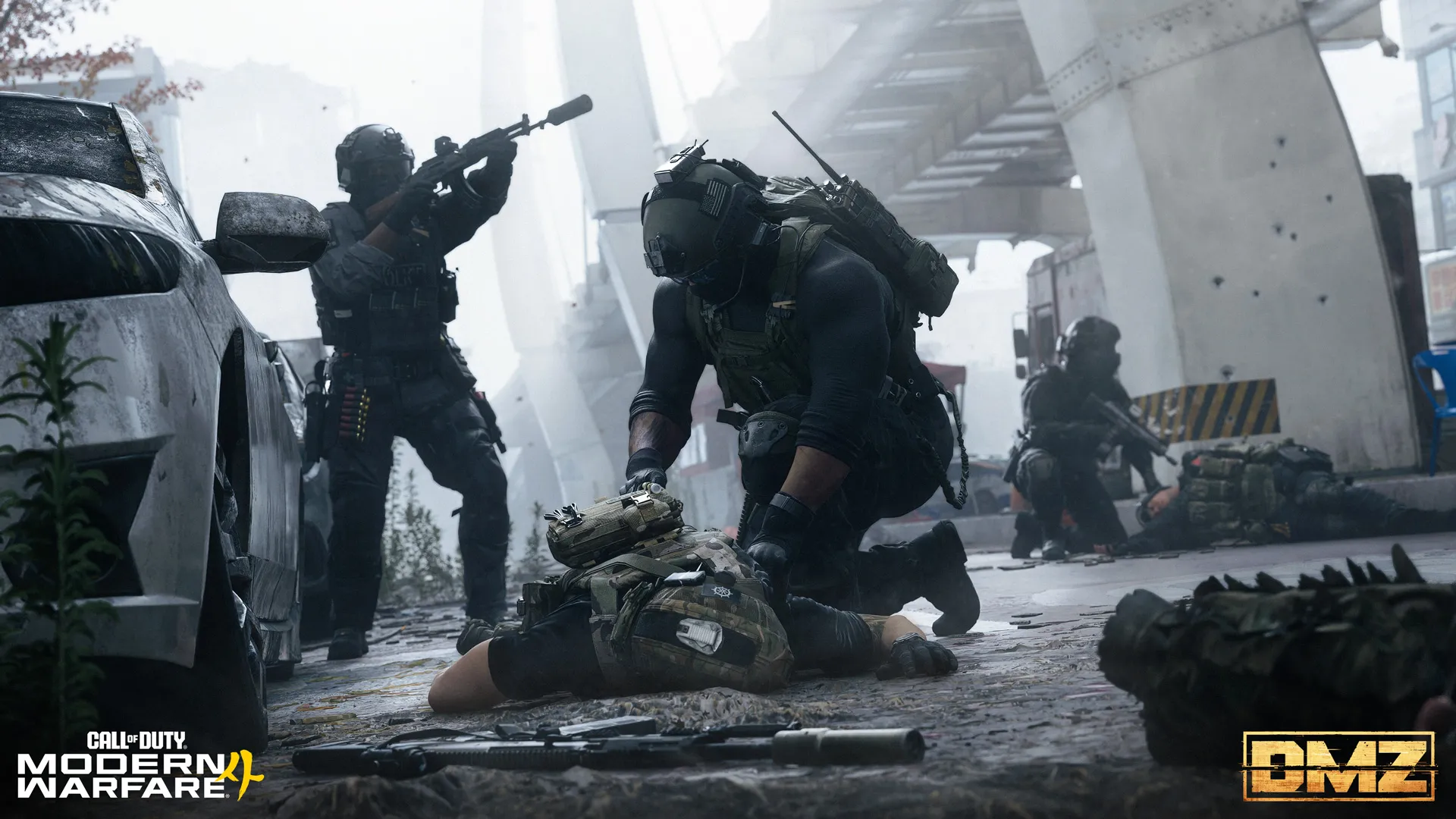 Three armed soldiers provide cover and assist wounded teammates beneath a damaged bridge in a smoke-filled urban battlefield.