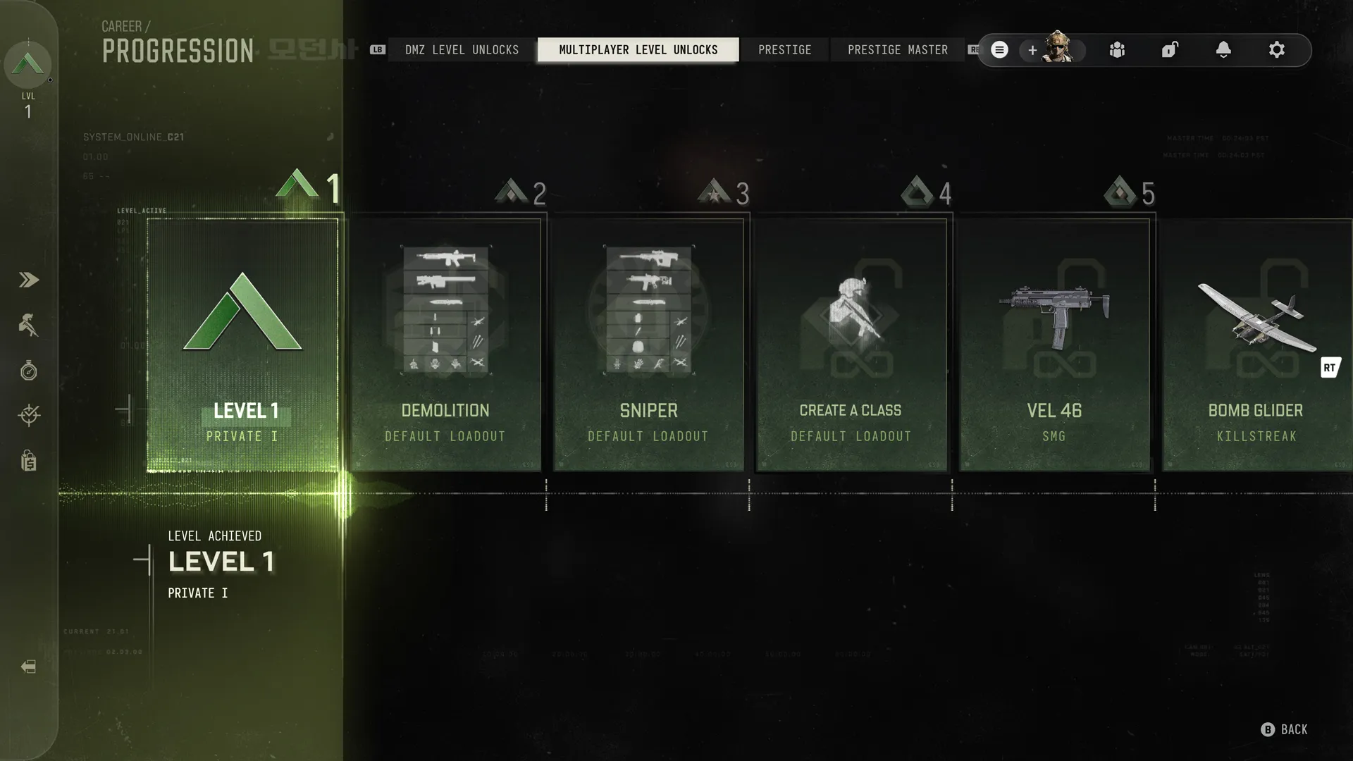 Multiplayer levels 1 through 5 unlock default loadouts, Create a Class, the VEL 46 SMG, and the Bomb Glider Killstreak.