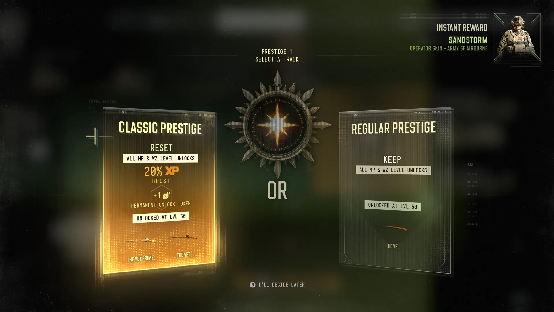 Prestige 1 selection compares Classic Prestige, which resets unlocks for a 20% XP boost, with Regular Prestige, which retains unlocks.