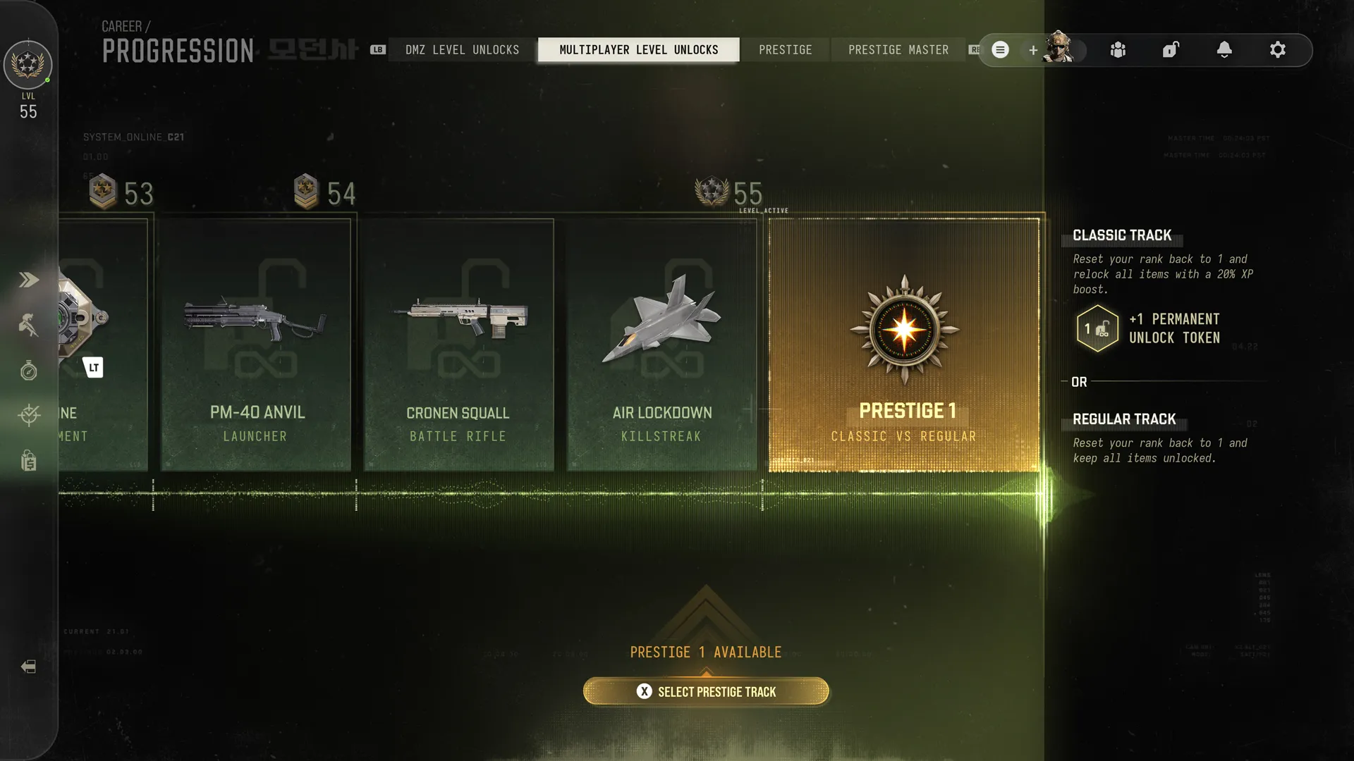 Multiplayer progression at level 55 offers Prestige 1, with Classic and Regular tracks providing different reset benefits.