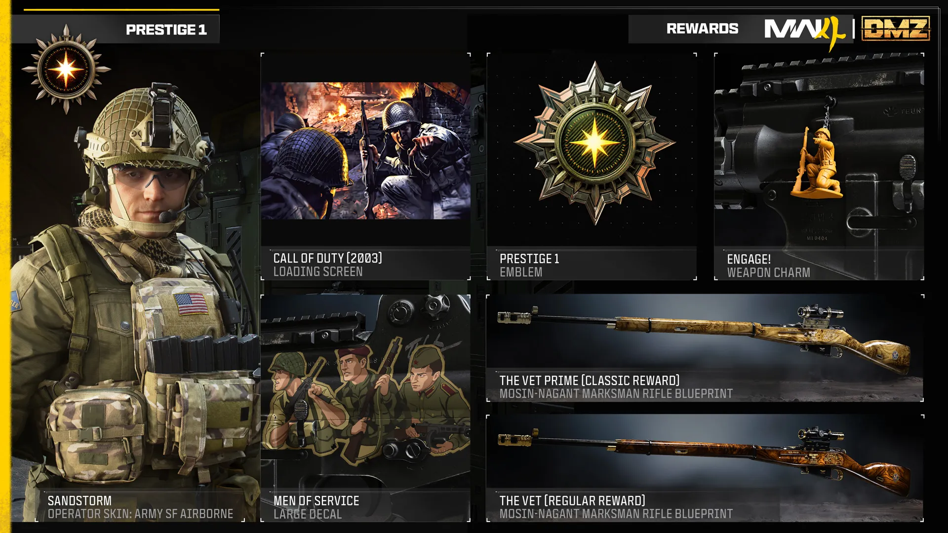 Prestige 1 rewards include the Sandstorm operator skin, loading screen, emblem, weapon charm, decal, and Mosin-Nagant blueprints.