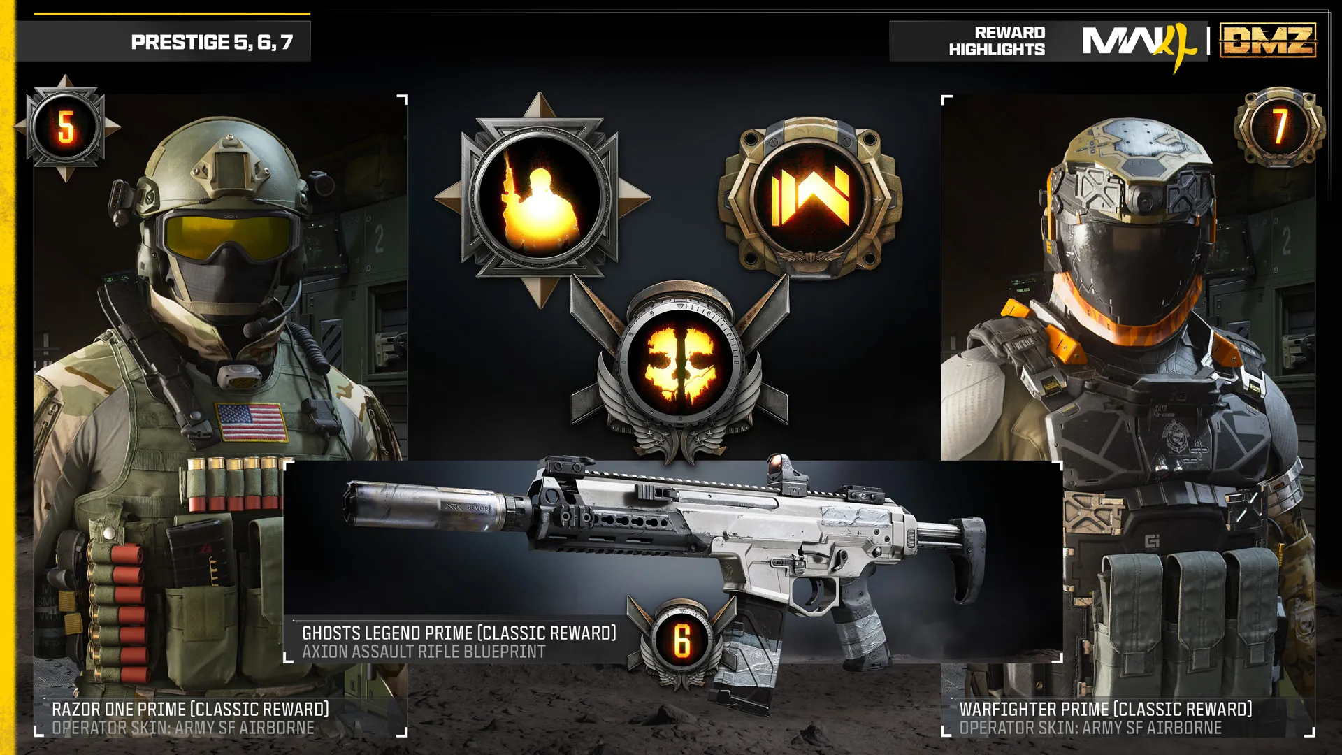 Prestige 5, 6, and 7 rewards feature the Razor One Prime operator skin, Ghosts Legend Prime AXION rifle, and Warfighter Prime operator skin.