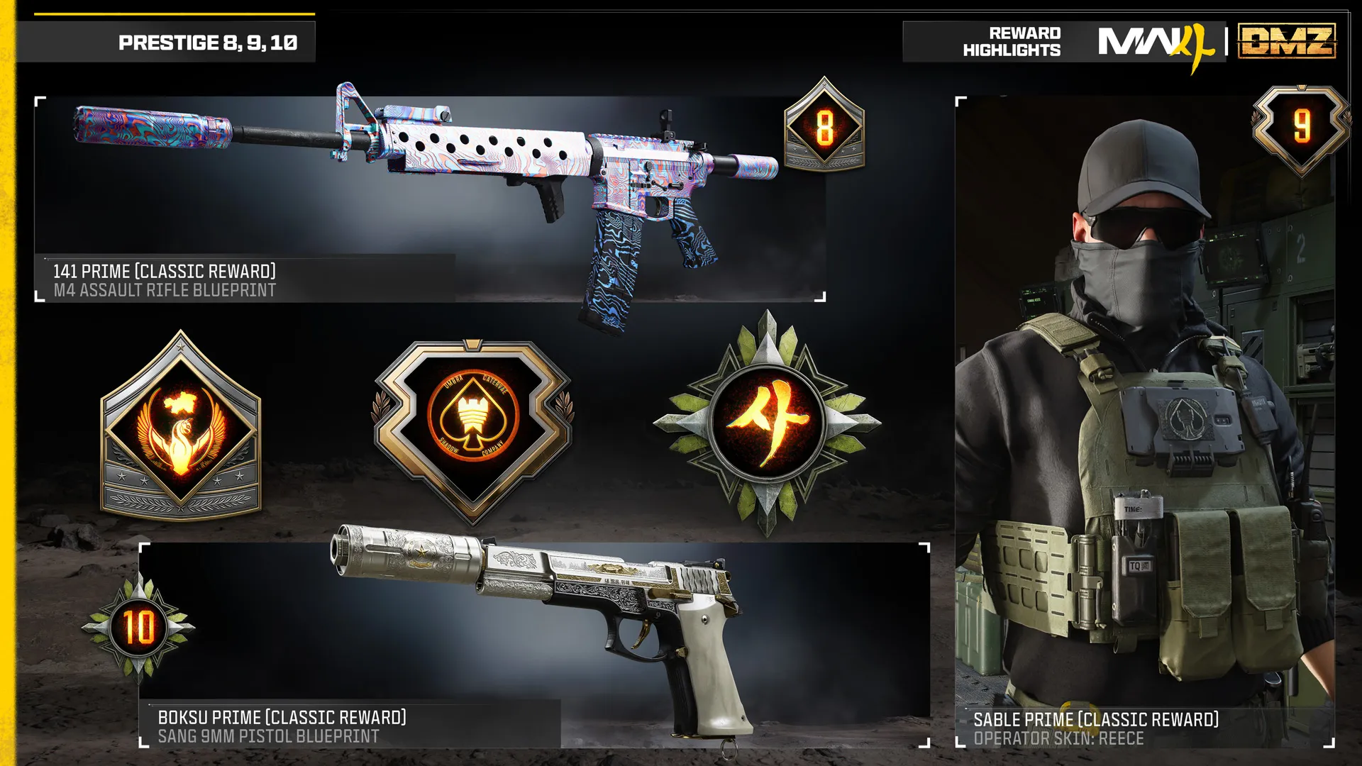 Prestige 8, 9, and 10 rewards feature the 141 Prime M4, Sable Prime operator skin, and Bokso Prime 9mm pistol.
