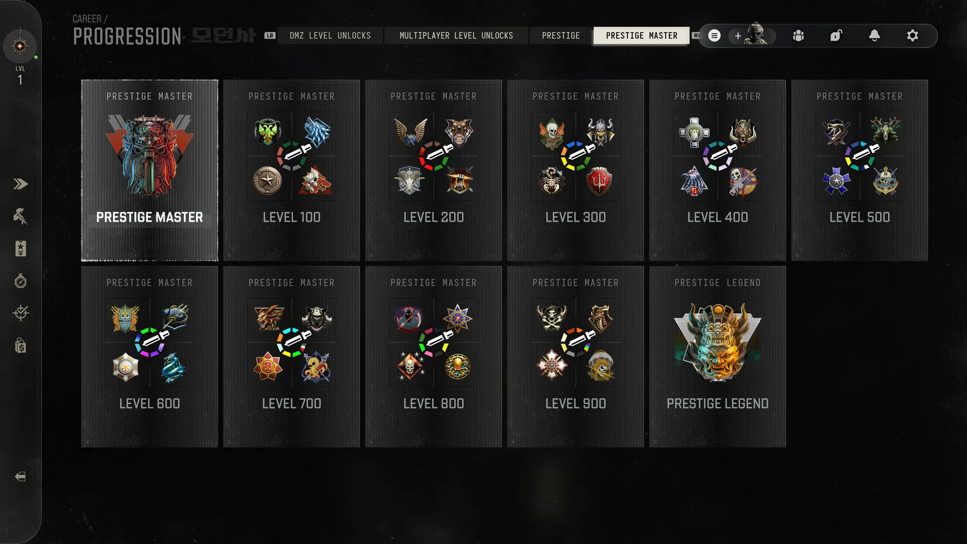 Prestige Master progression displays emblem rewards at levels 100 through 900, culminating in Prestige Legend.