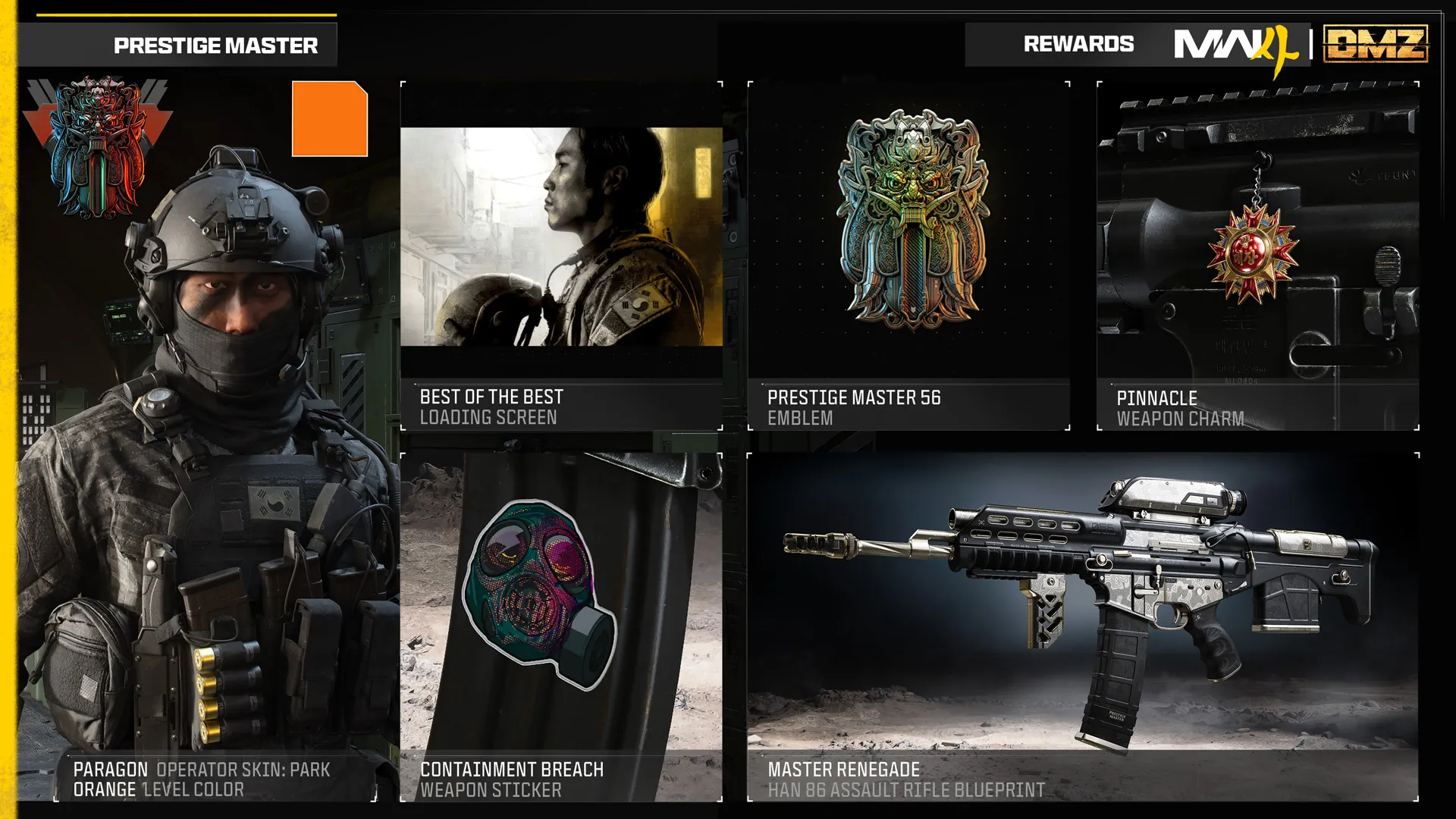 Prestige Master rewards include the Paragon operator skin, Best of the Best loading screen, emblem, weapon charm, sticker, and HAN 86 blueprint.