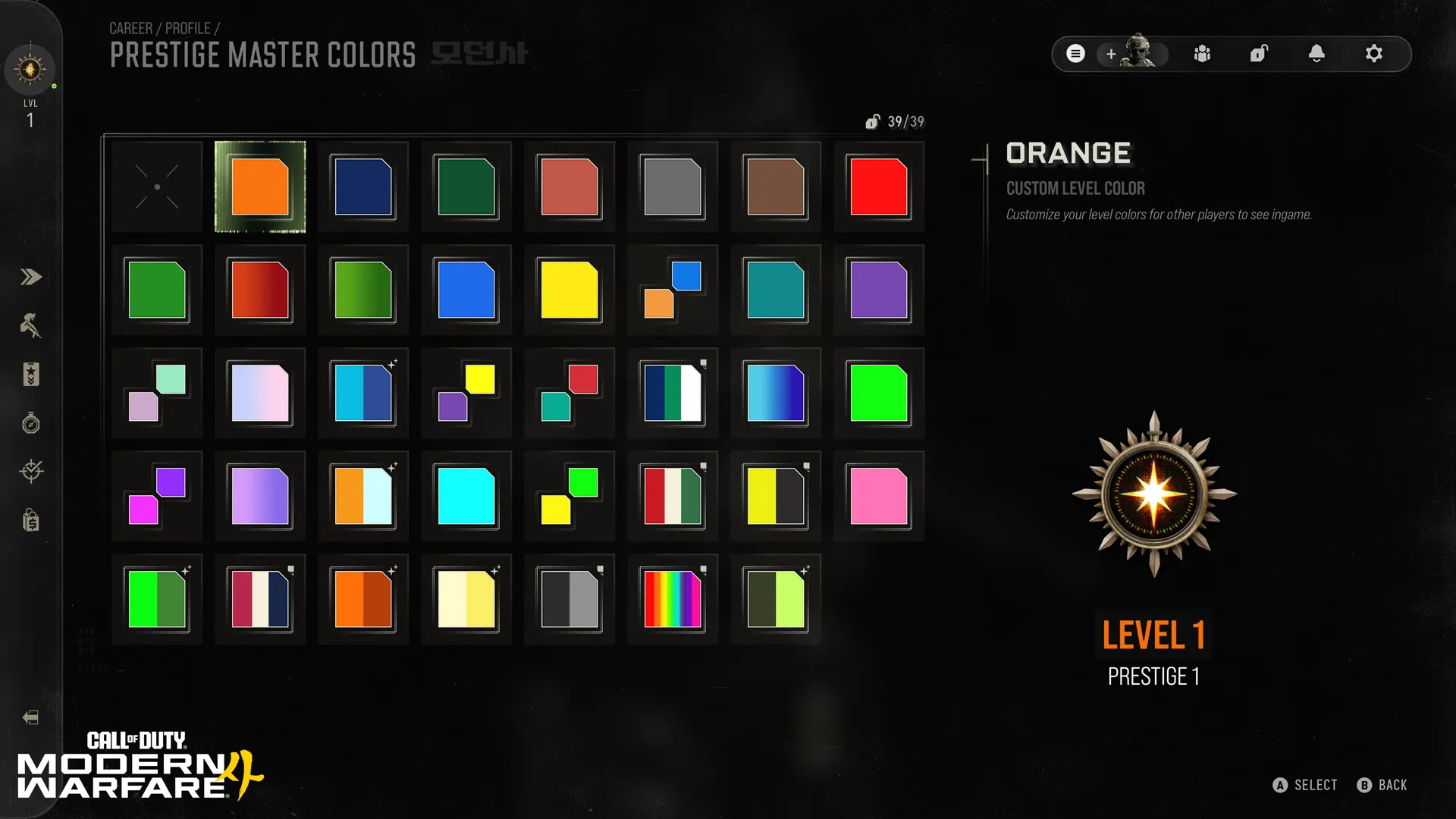 The Prestige Master Colors menu displays 39 custom level colors, with orange selected for Prestige 1.