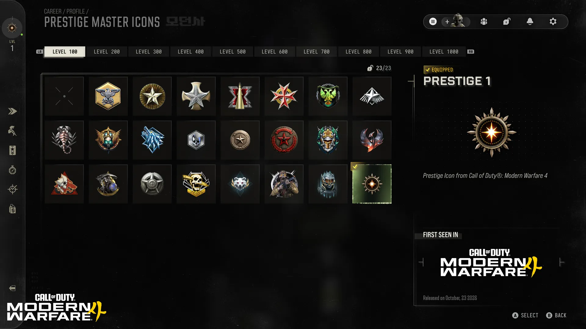 The Prestige Master Icons menu displays 23 selectable emblems at level 100, with the Prestige 1 emblem equipped.