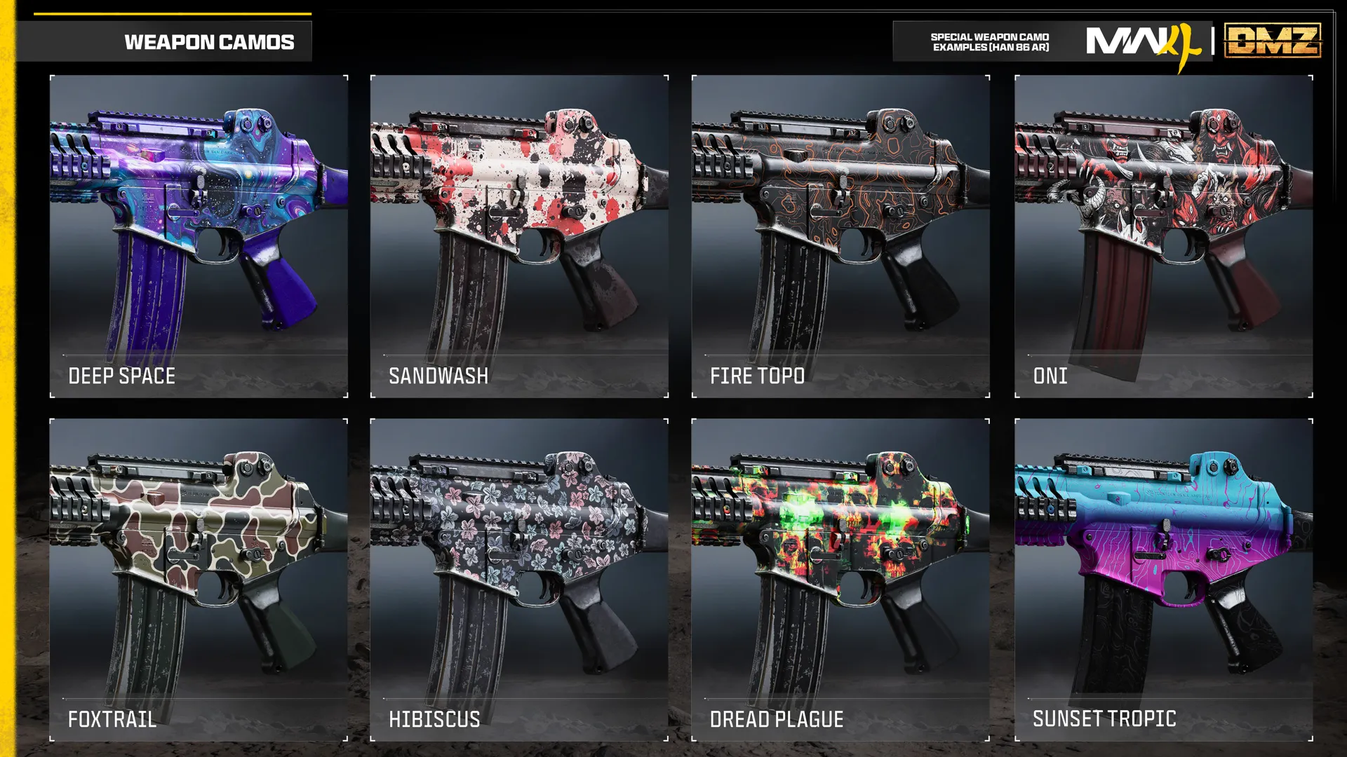 Eight special weapon camos for the HAN 86 AR include Deep Space, Sandwash, Fire Topo, Oni, Foxtrail, Hibiscus, Dread Plague, and Sunset Tropic.