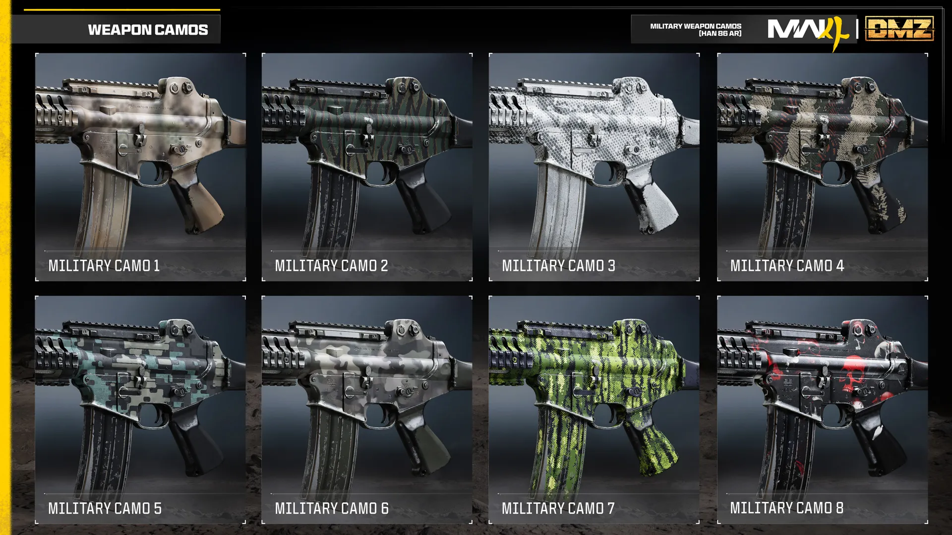 Eight military weapon camos for the HAN 86 AR feature camouflage patterns ranging from muted earth tones to bright green and red designs.