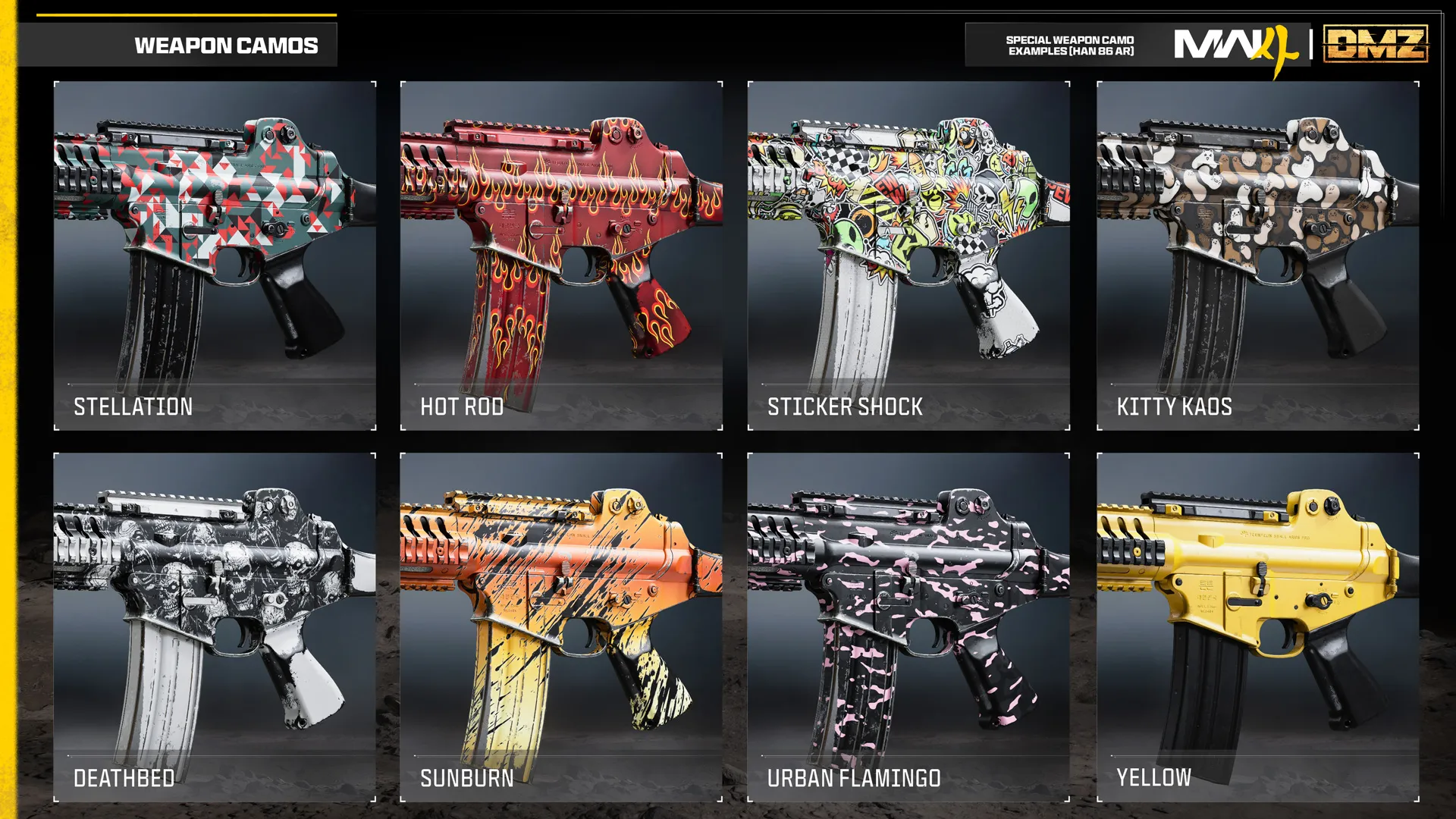 Eight special weapon camos for the HAN 86 AR include Stellation, Hot Rod, Sticker Shock, Kitty Kaos, Deathbed, Sunburn, Urban Flamingo, and Yellow.