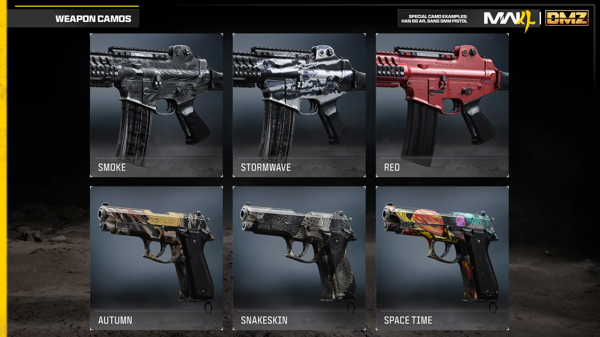 Six special weapon camos shown on assault rifles and pistols: Smoke, Stormwave, Red, Autumn, Snakeskin, and Space Time.