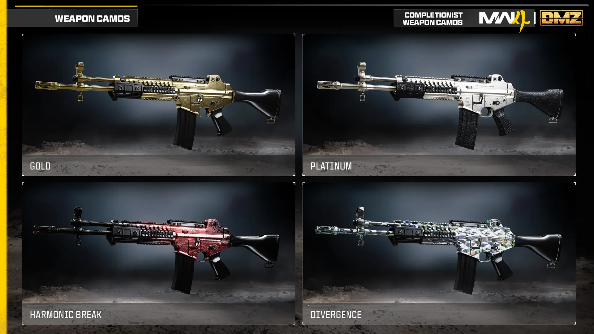Four completionist weapon camos displayed on assault rifles: Gold, Platinum, Harmonic Break, and Divergence.