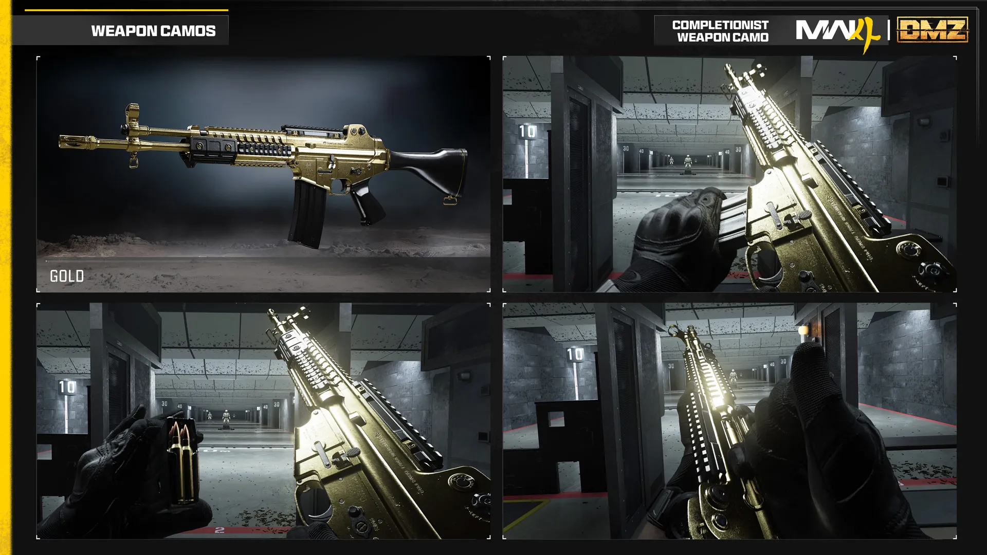 Gold completionist weapon camo displayed on an assault rifle, with three additional views showing its metallic finish during reloading.