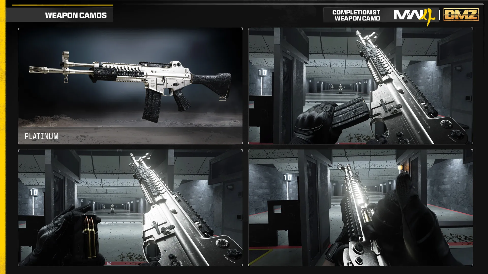 Platinum completionist camo gives an assault rifle a polished silver finish with black textured grips and stock.