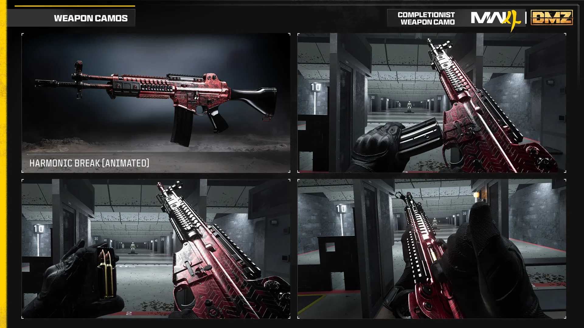 Animated Harmonic Break completionist camo covers an assault rifle in metallic red with intricate angular patterns.