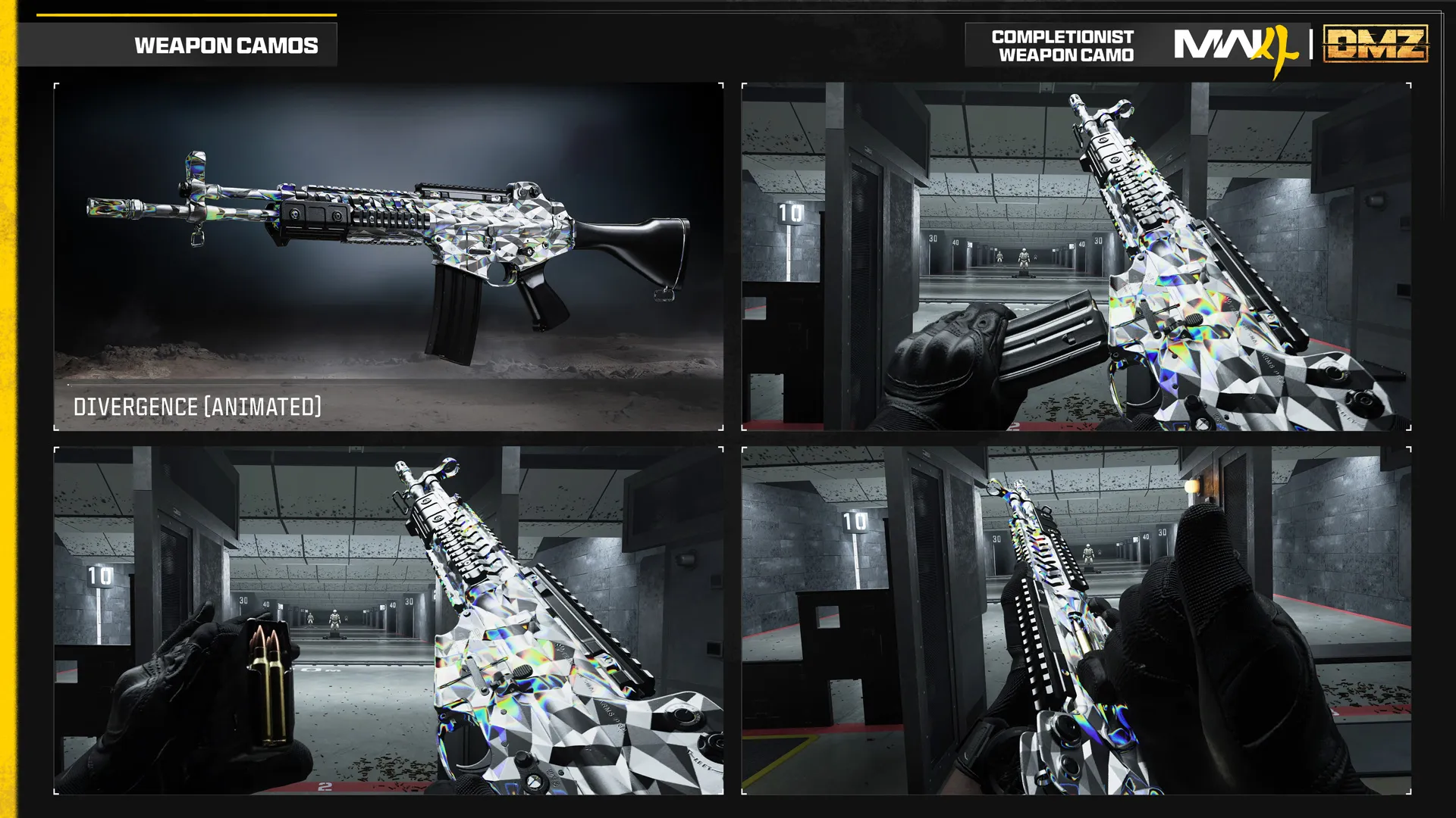 Animated Divergence completionist camo features reflective silver geometric shapes with rainbow highlights on an assault rifle.