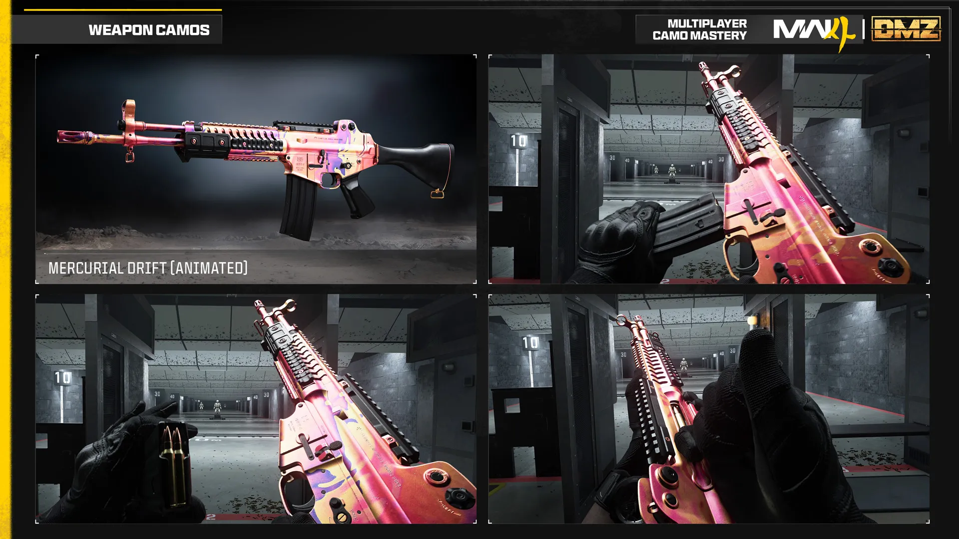 Animated Mercurial Drift Multiplayer mastery camo displays shifting pink, orange, and gold colors across an assault rifle.