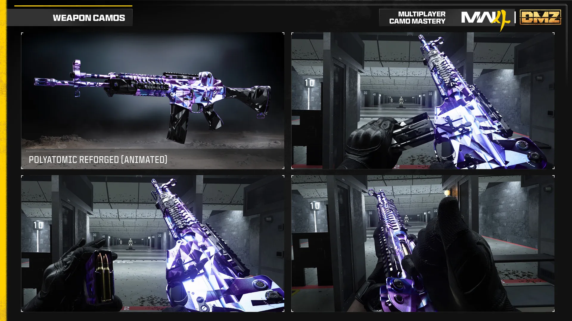 Animated Polyatomic Reforged Multiplayer mastery camo features luminous purple and white geometric patterns on an assault rifle.